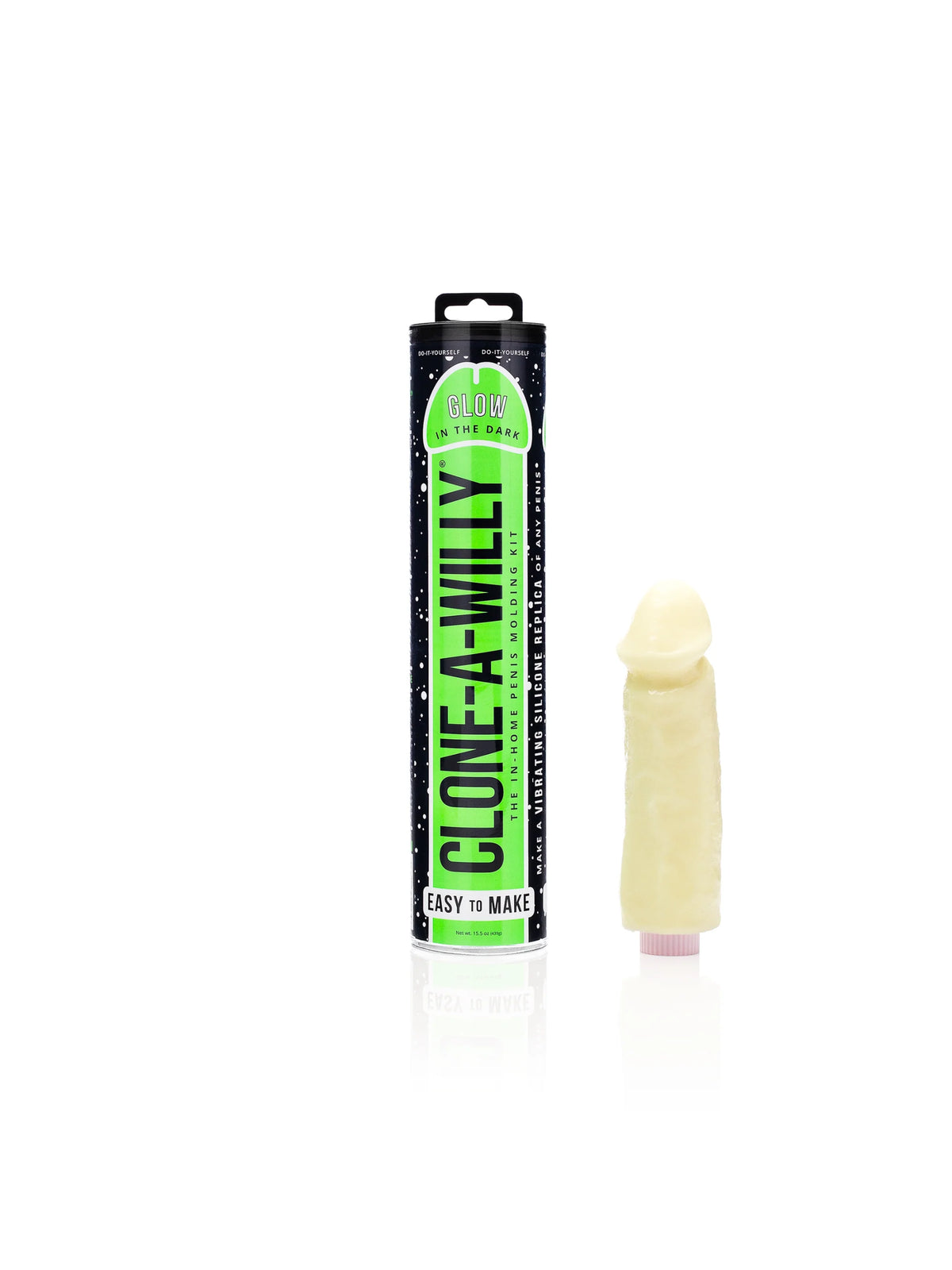 The Clone-A-Willy Glow In The Dark DIY casting kit elements, highlighting the specialized pink glow silicone and integrated single-speed vibrator.