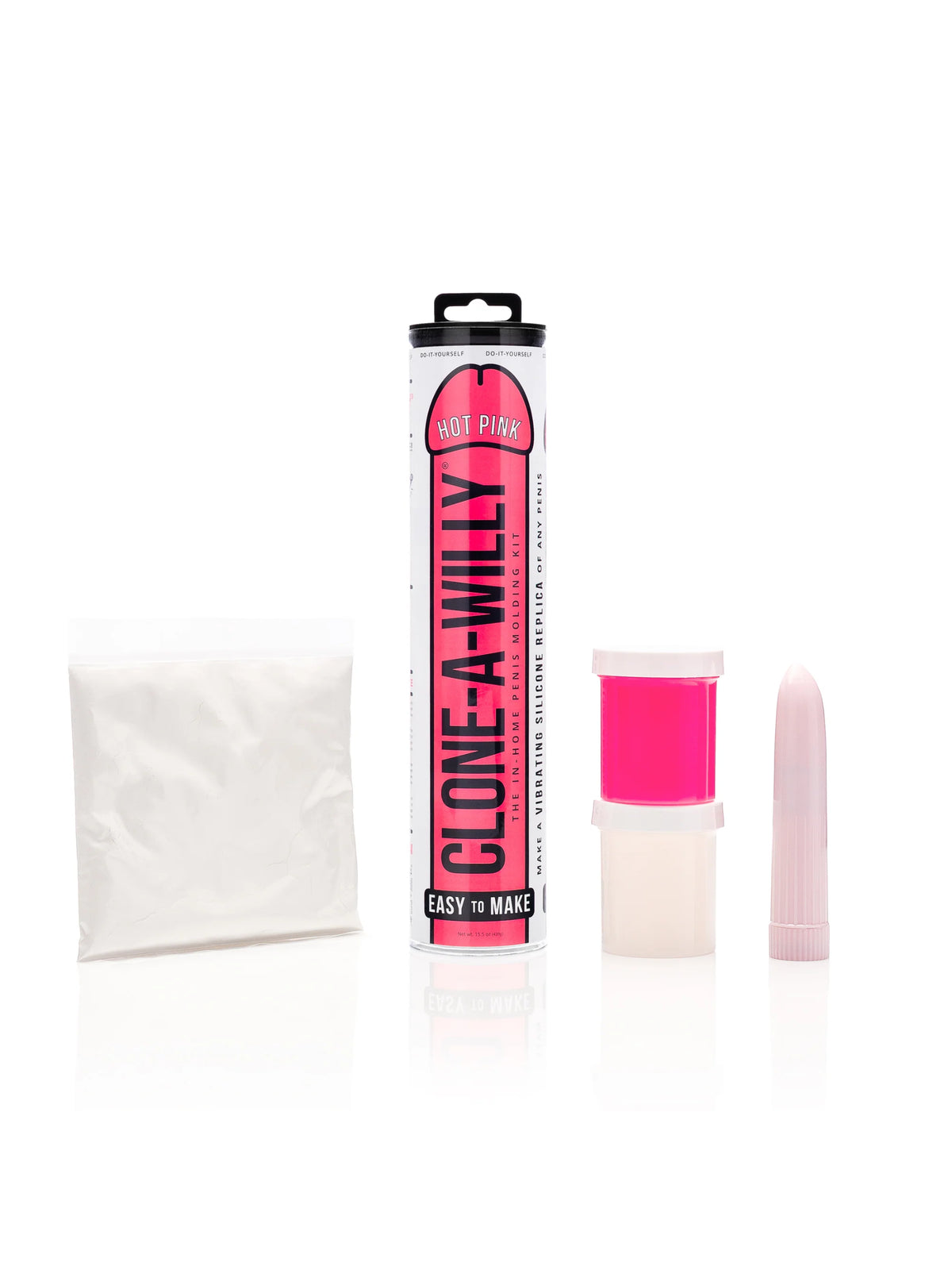 A comprehensive view of the Clone-A-Willy Hot Pink DIY casting kit, displaying premium medical-grade silicone and a single-speed vibrator designed for personalized intimate use.