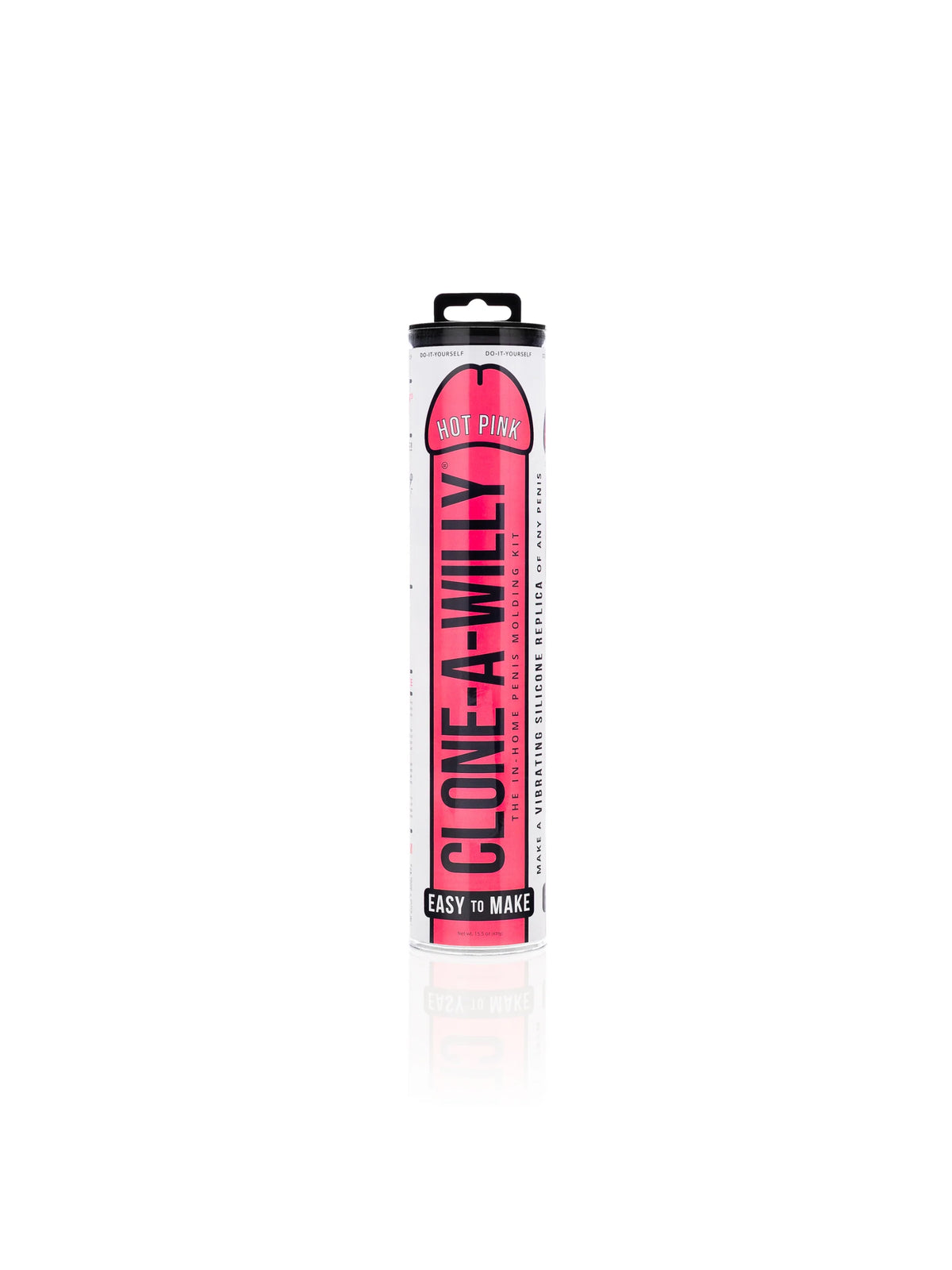 A comprehensive view of the Clone-A-Willy Hot Pink DIY casting kit, displaying premium medical-grade silicone and a single-speed vibrator designed for personalized intimate use.