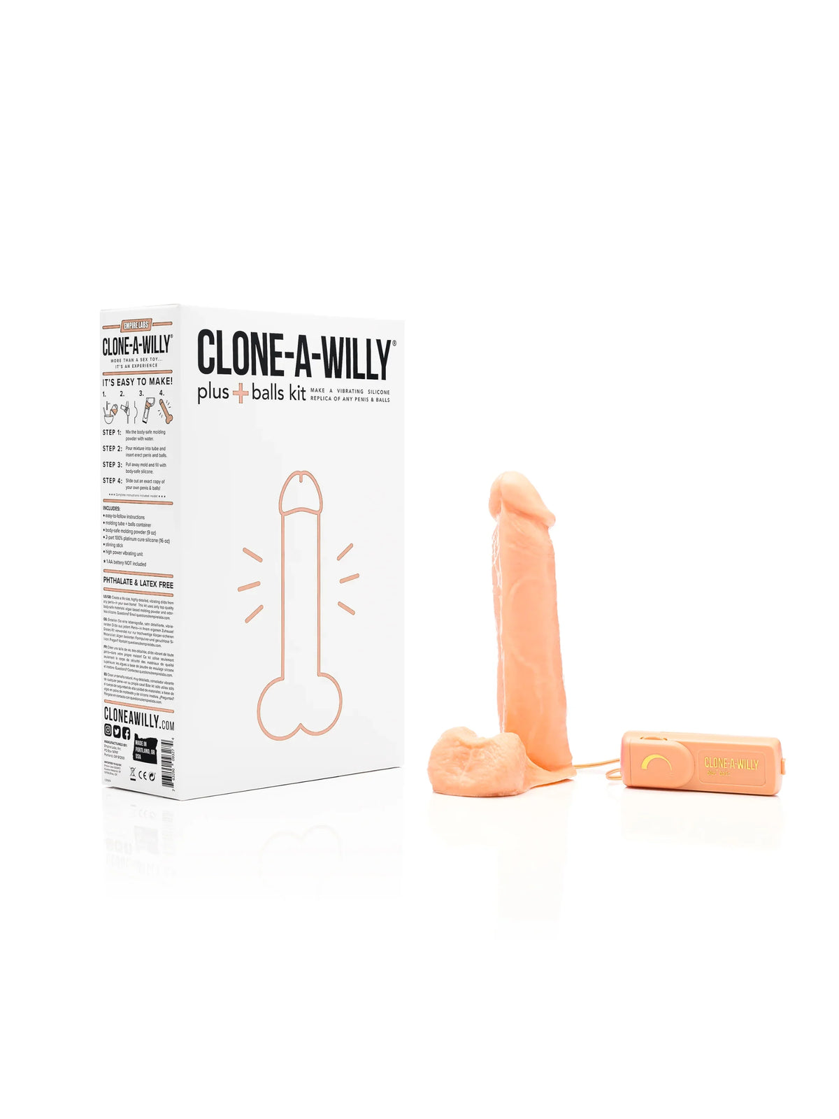 The complete Clone-A-Willy Plus Balls DIY casting kit in Light Tone, featuring a premium molding tube and a customizable multi-speed corded vibrator.