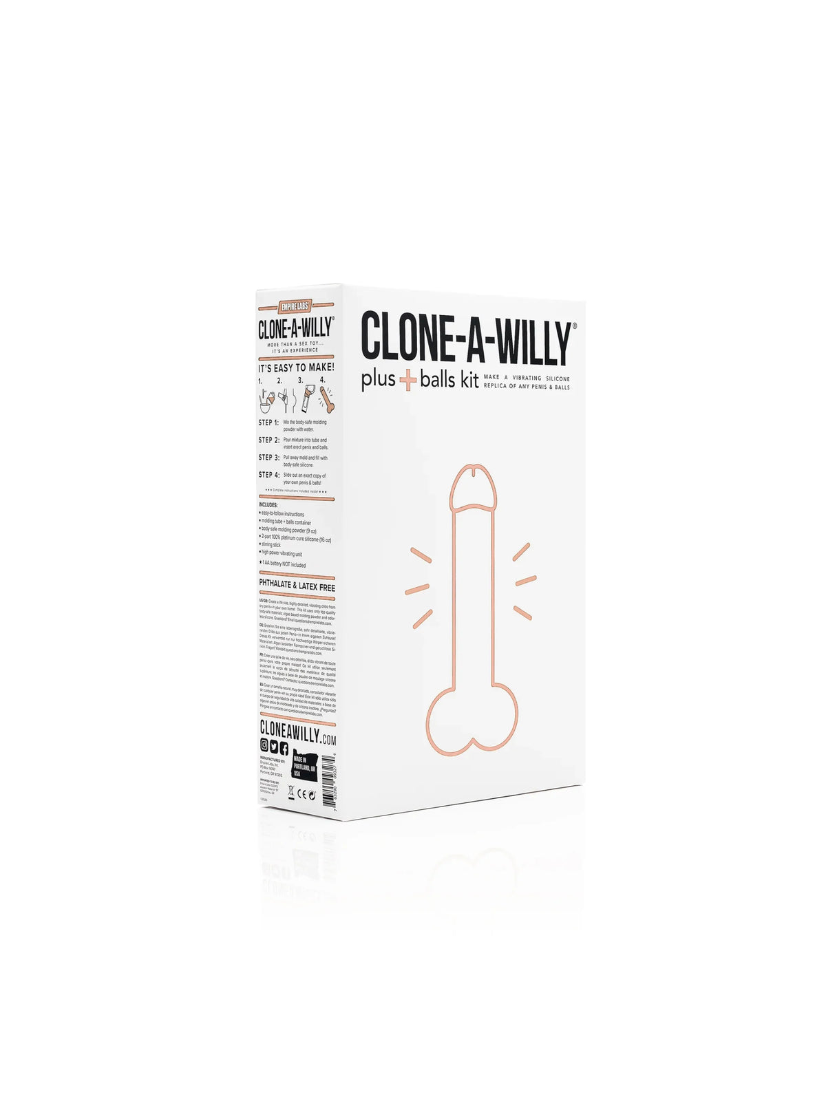 The complete Clone-A-Willy Plus Balls DIY casting kit in Light Tone, featuring a premium molding tube and a customizable multi-speed corded vibrator.