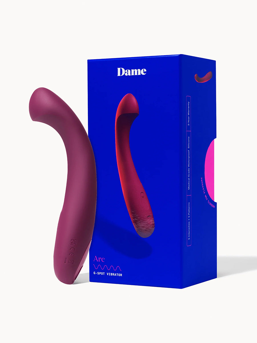Dame Arc ergonomic internal G-spot vibrator with a squishy bulb and curved handle.
