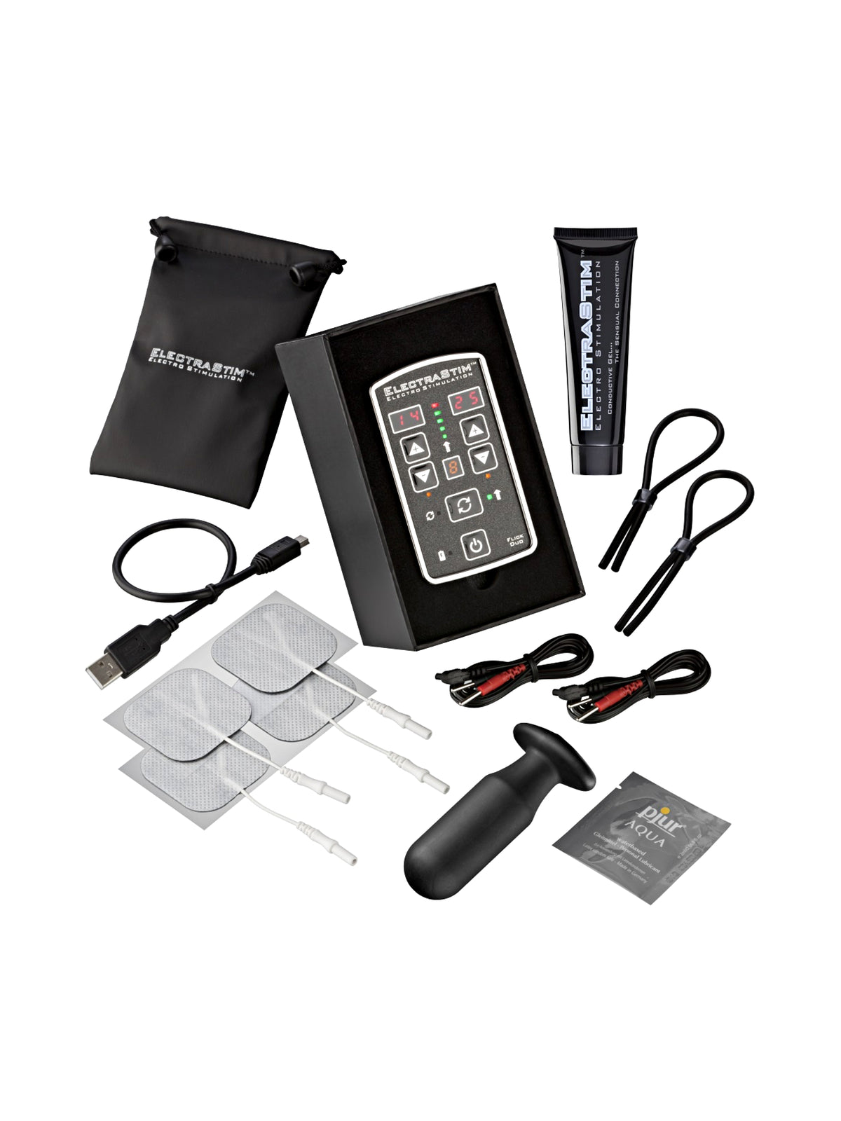 ElectraStim Flick Duo stimulator multi-pack featuring a motion-controlled digital unit, self-adhesive pads, and intimate dual-purpose probes.