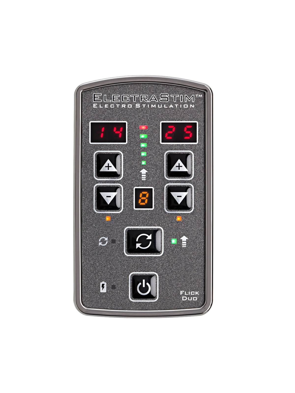 ElectraStim Flick Duo stimulator multi-pack featuring a motion-controlled digital unit, self-adhesive pads, and intimate dual-purpose probes.