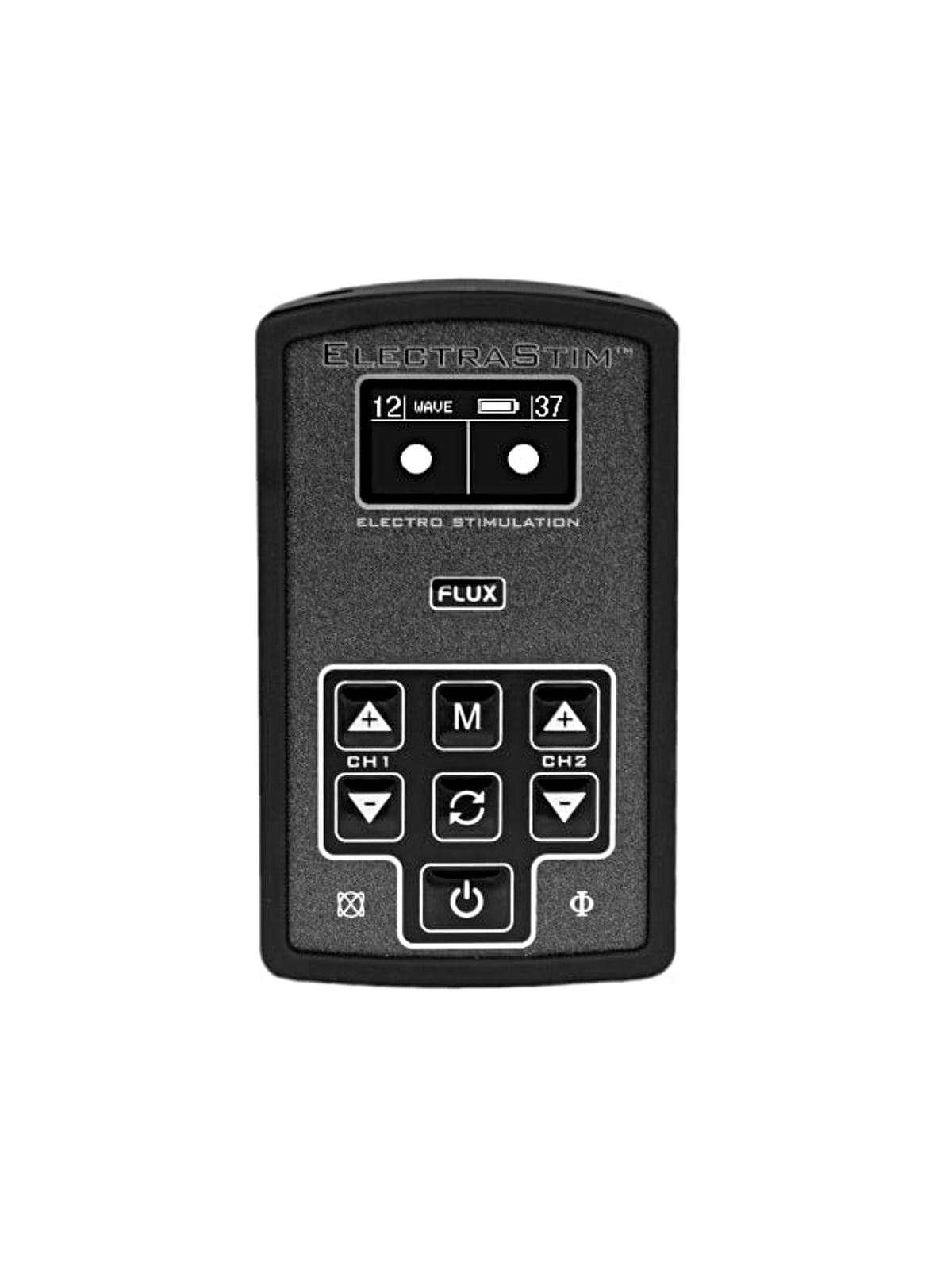 ElectraStim Flux dual channel stimulator featuring an OLED display, motion control, and premium electro-pads for sensory wellness.