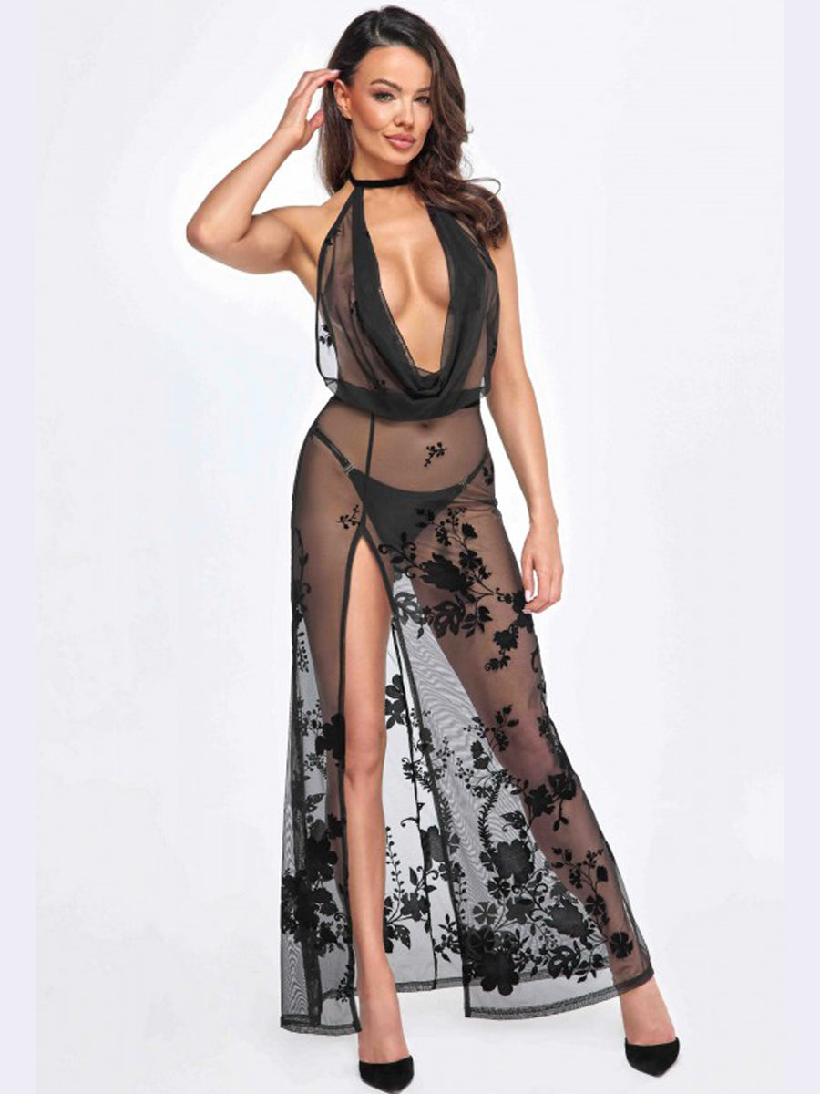 Divinity Long Flocked Mesh Dress with Open Back