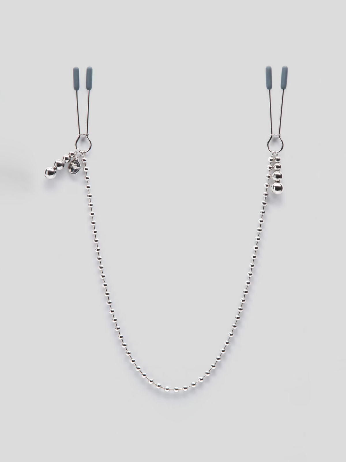 Fifty Shades Darker At My Mercy tweezer-style nipple clamps featuring weighted beaded chains and silicone-covered tips.