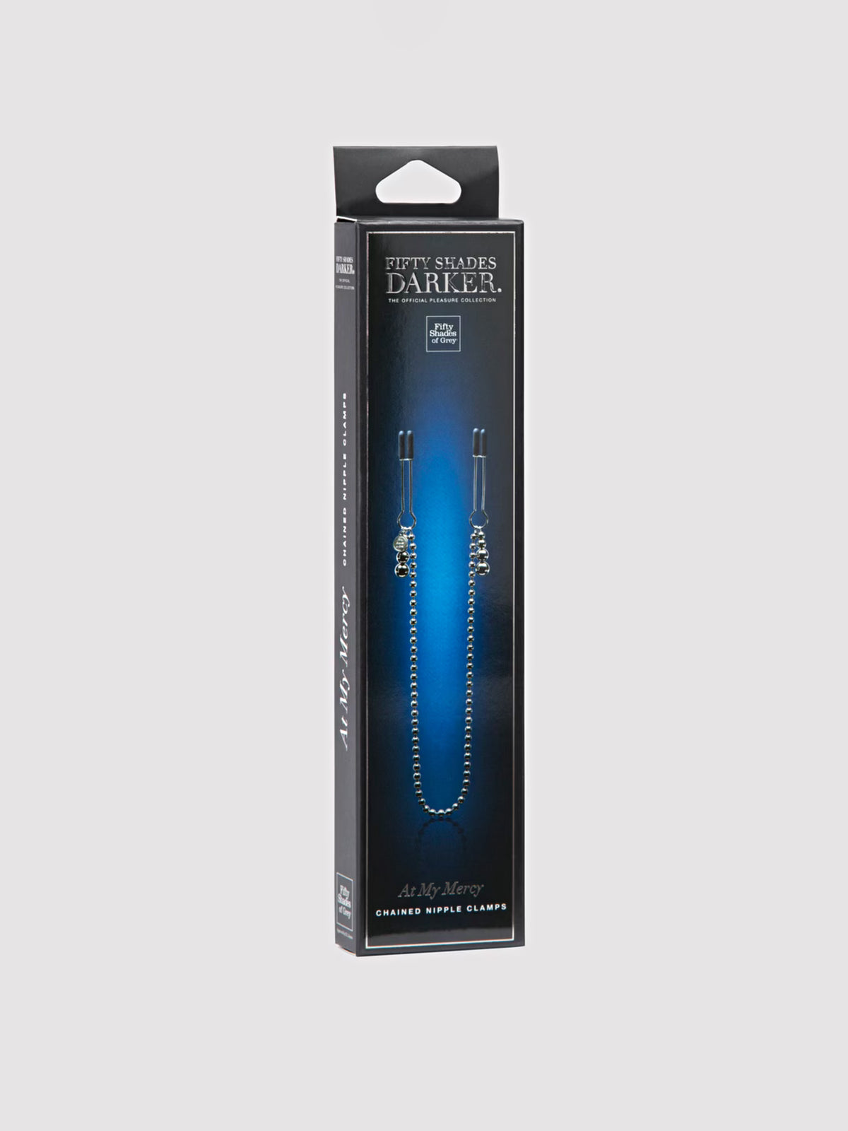 Fifty Shades Darker At My Mercy tweezer-style nipple clamps featuring weighted beaded chains and silicone-covered tips.