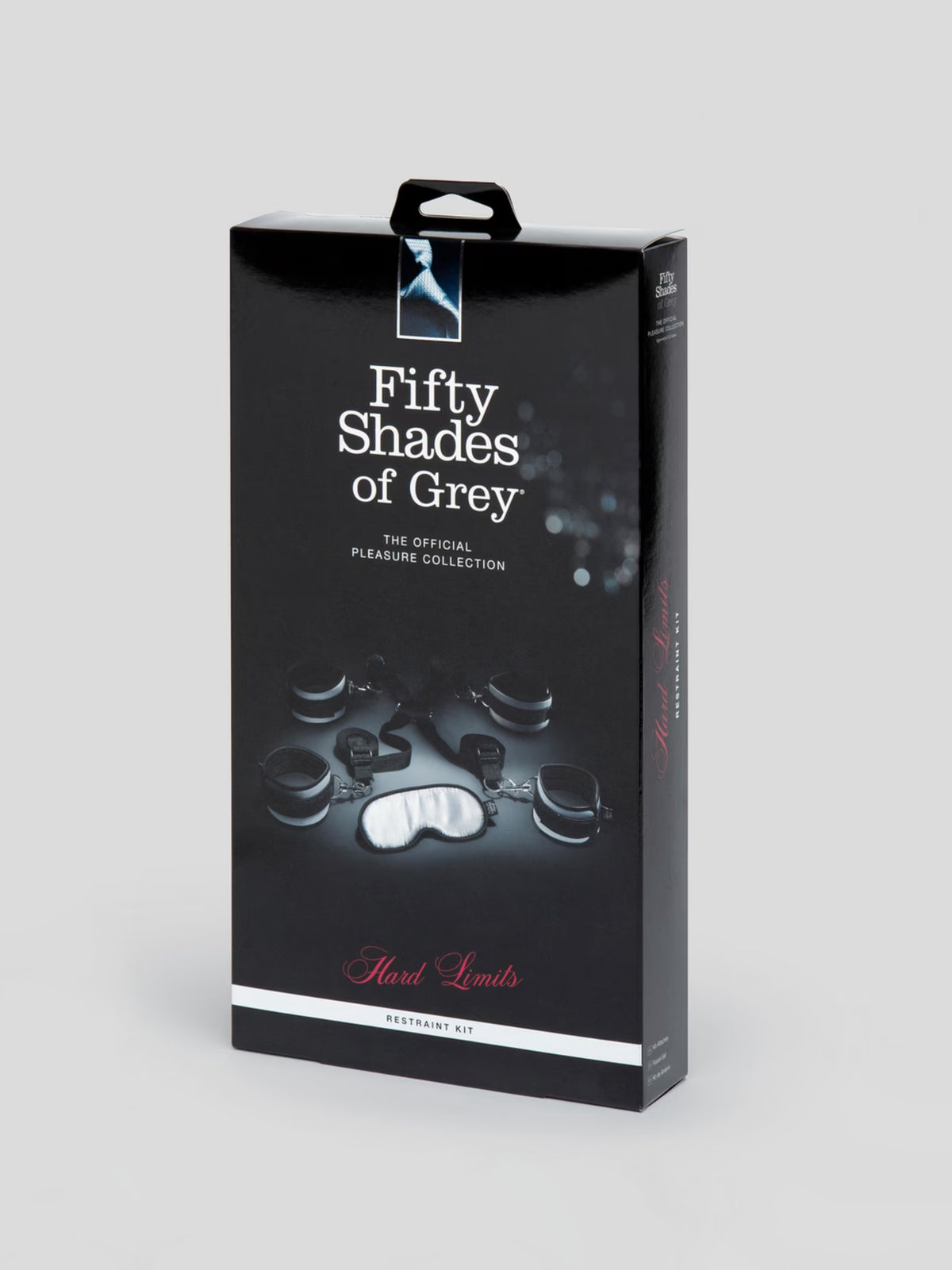 Fifty Shades of Grey Hard Limits 4-piece restraint kit featuring soft satin cuffs, adjustable straps, and a sensory blindfold.