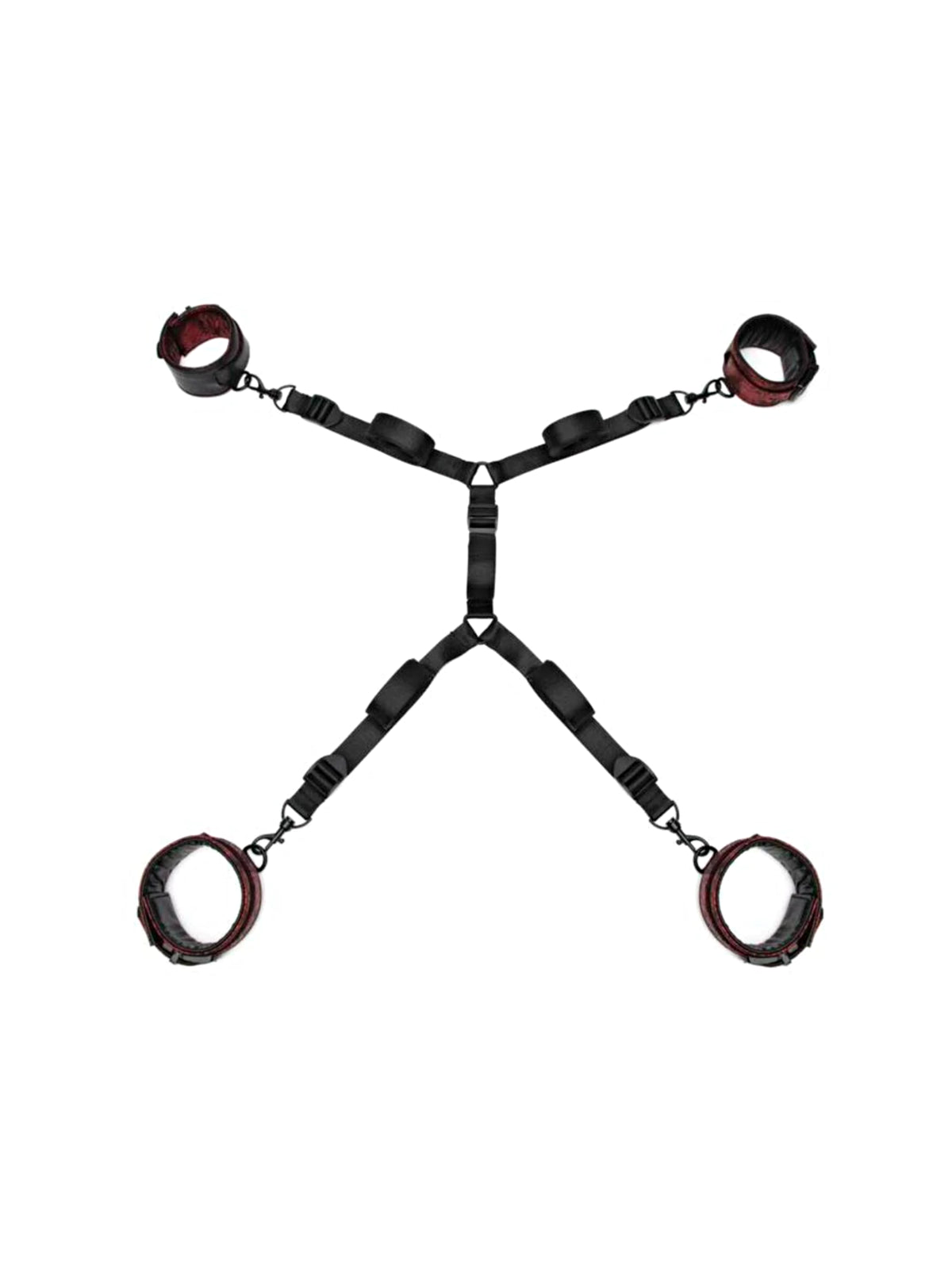 Fifty Shades of Grey Sweet Anticipation reversible under-mattress restraint set featuring padded faux leather cuffs and nickel-free hardware.