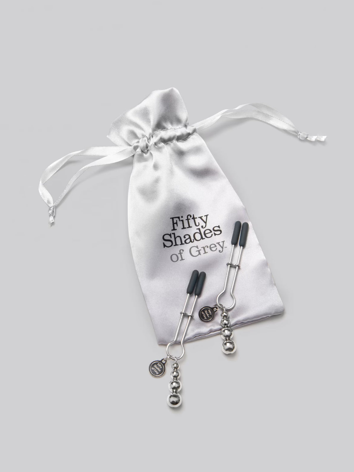 Fifty Shades of Grey The Pinch adjustable nipple clamps featuring calibrated screws and broad rubber tips for tailored tension.