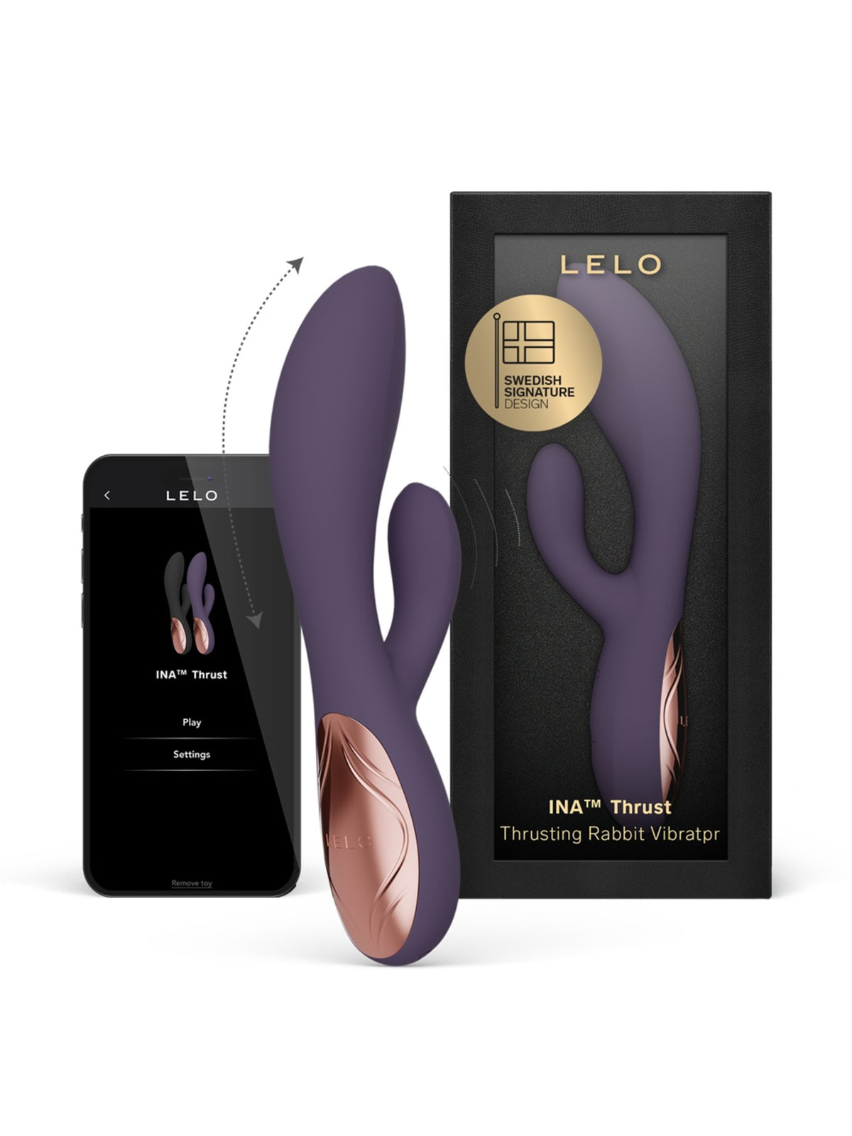 LELO Ina Thrust premium rabbit vibrator featuring DynamicThrust technology and a vibrating clitoral arm.