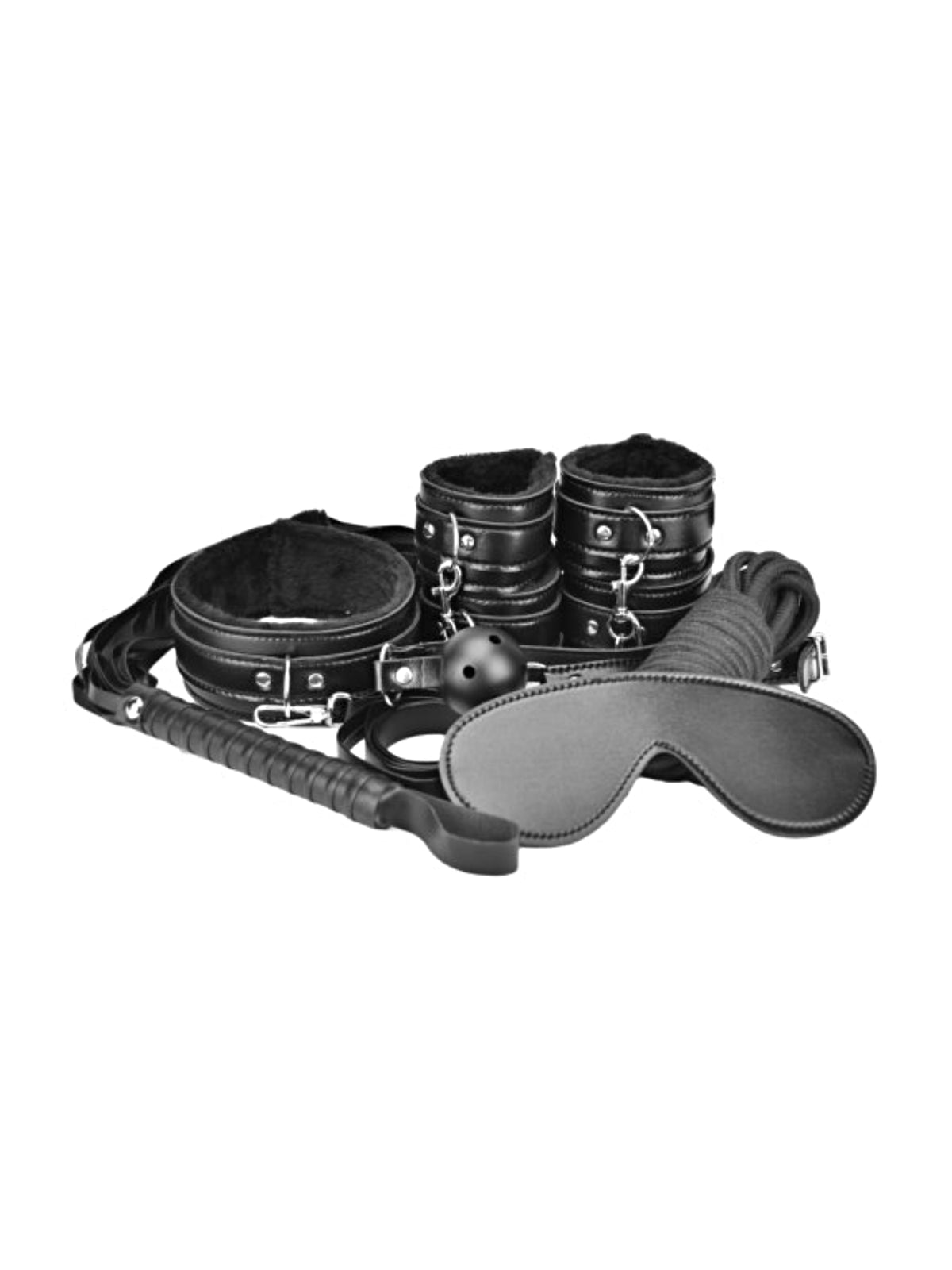 Loving Joy 8-piece black sensory restraint kit featuring sleek PVC cuffs, blindfold, and structural accessories.