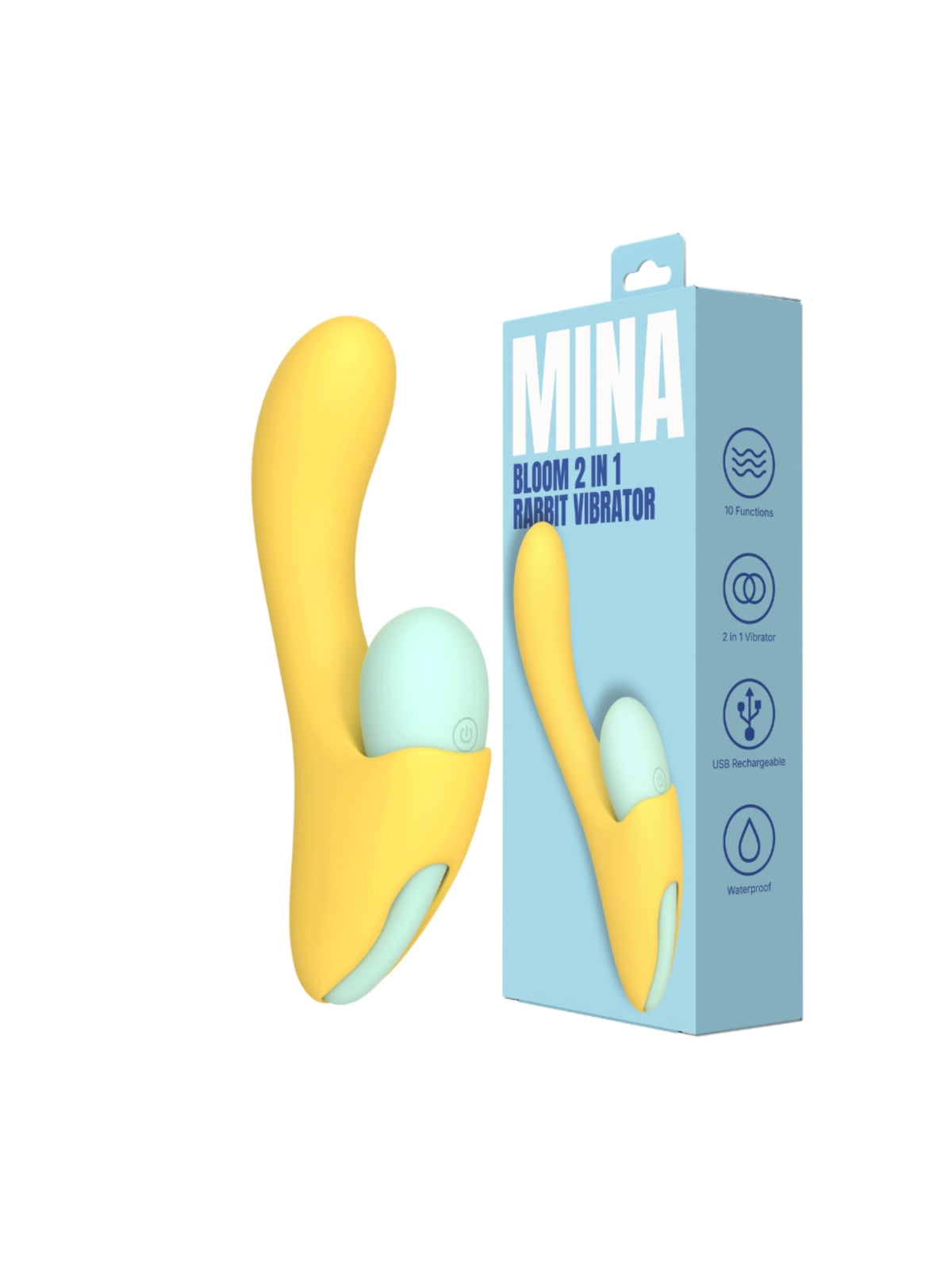 Mina Bloom 2 in 1 rabbit vibrator made of liquid silicone featuring a detachable remote control egg.