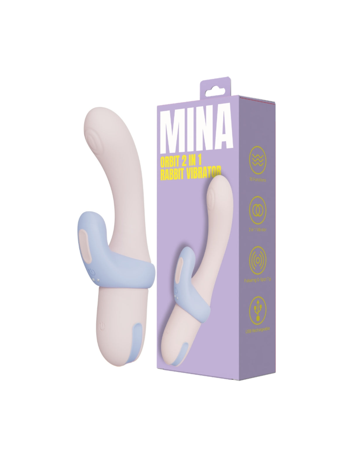 Mina Orbit 2 in 1 rabbit vibrator featuring a pulsating internal tip and a stimulating couples ring attachment.