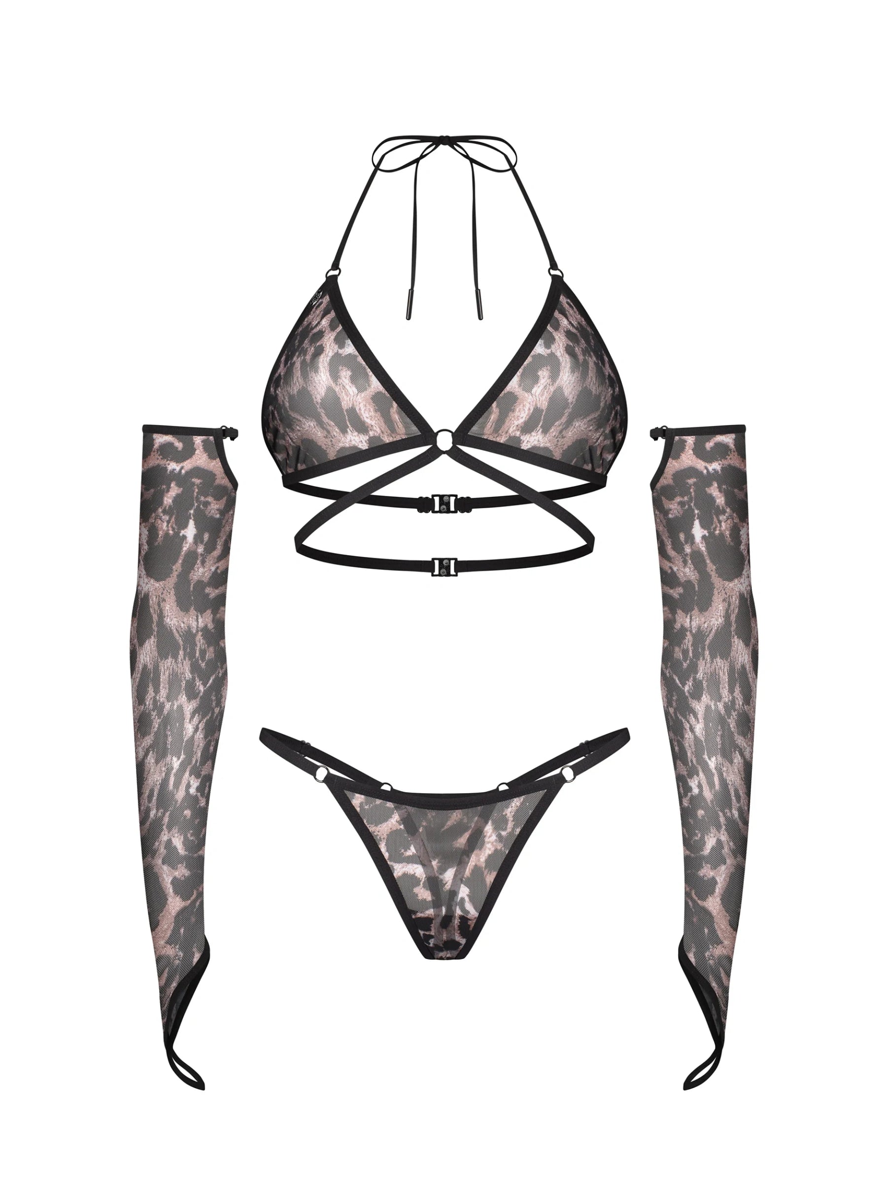 Obsessive Addia 3-piece leopard print lingerie set featuring a soft bra, minimalist thong, and sheer theatrical gloves.