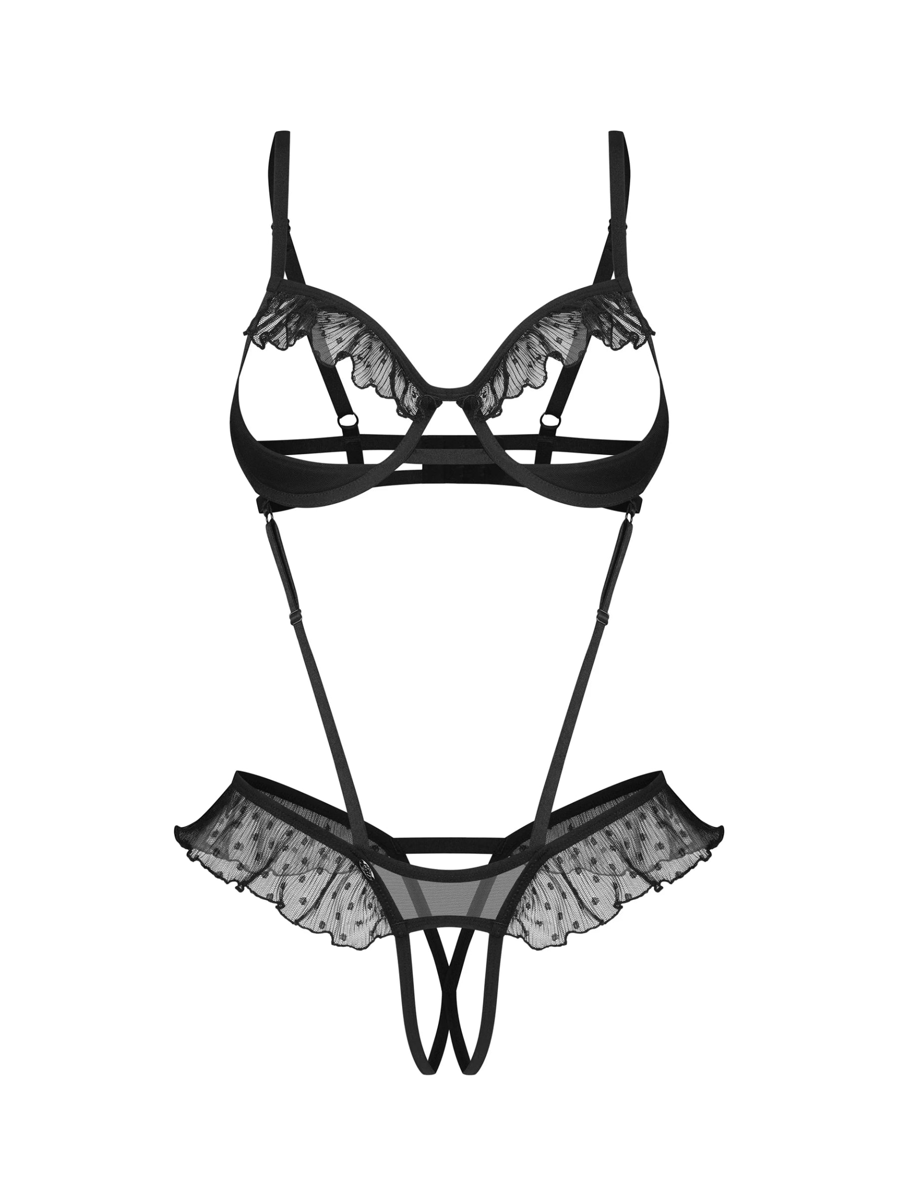 Obsessive Carrola cupless crotchless bodysuit crafted from sheer polka-dot mesh with ruffled trims.
