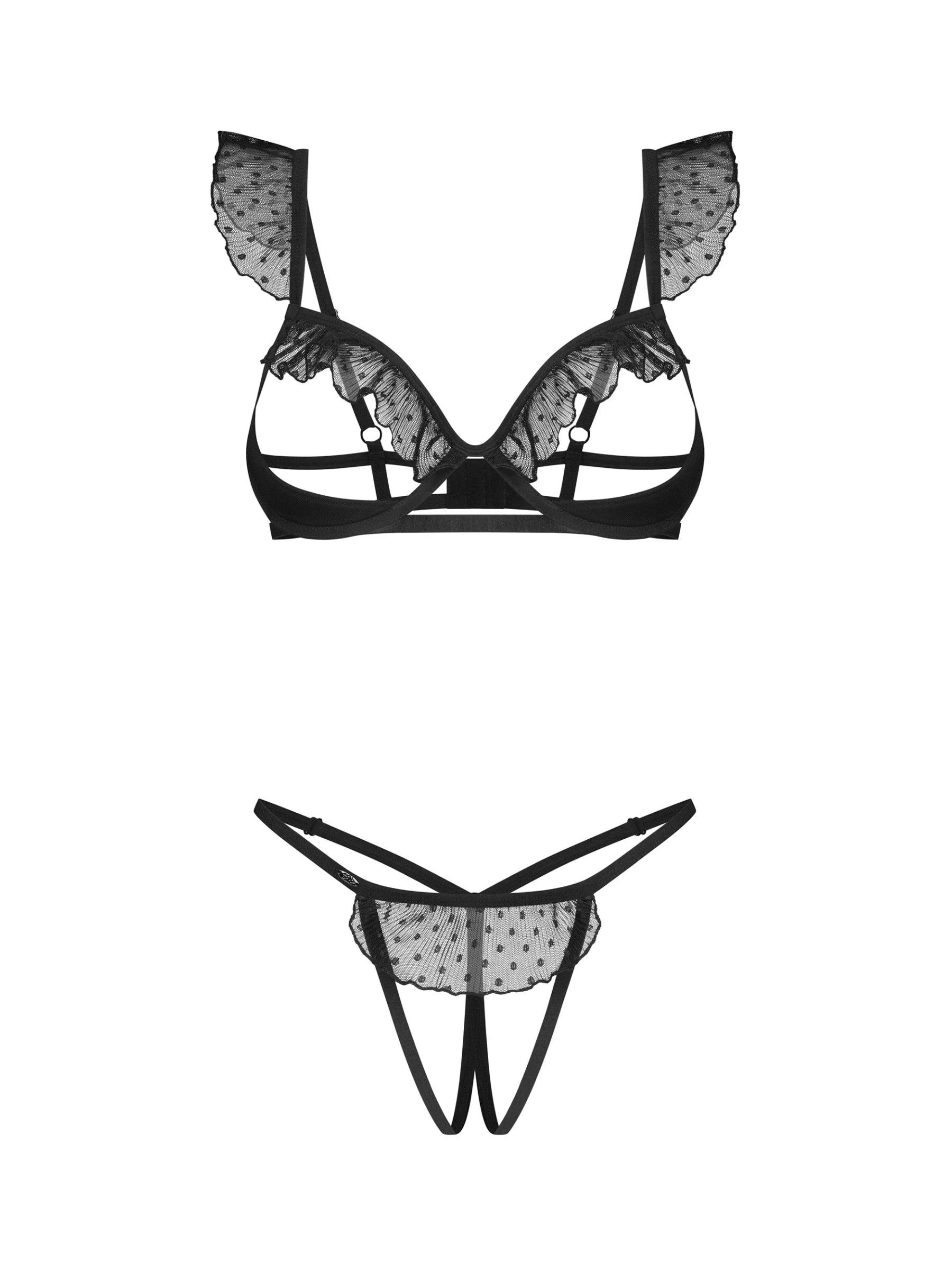 Obsessive Carrola 2-piece cupless lingerie set featuring sheer polka-dot mesh, structural underwire, and an ouvert thong.