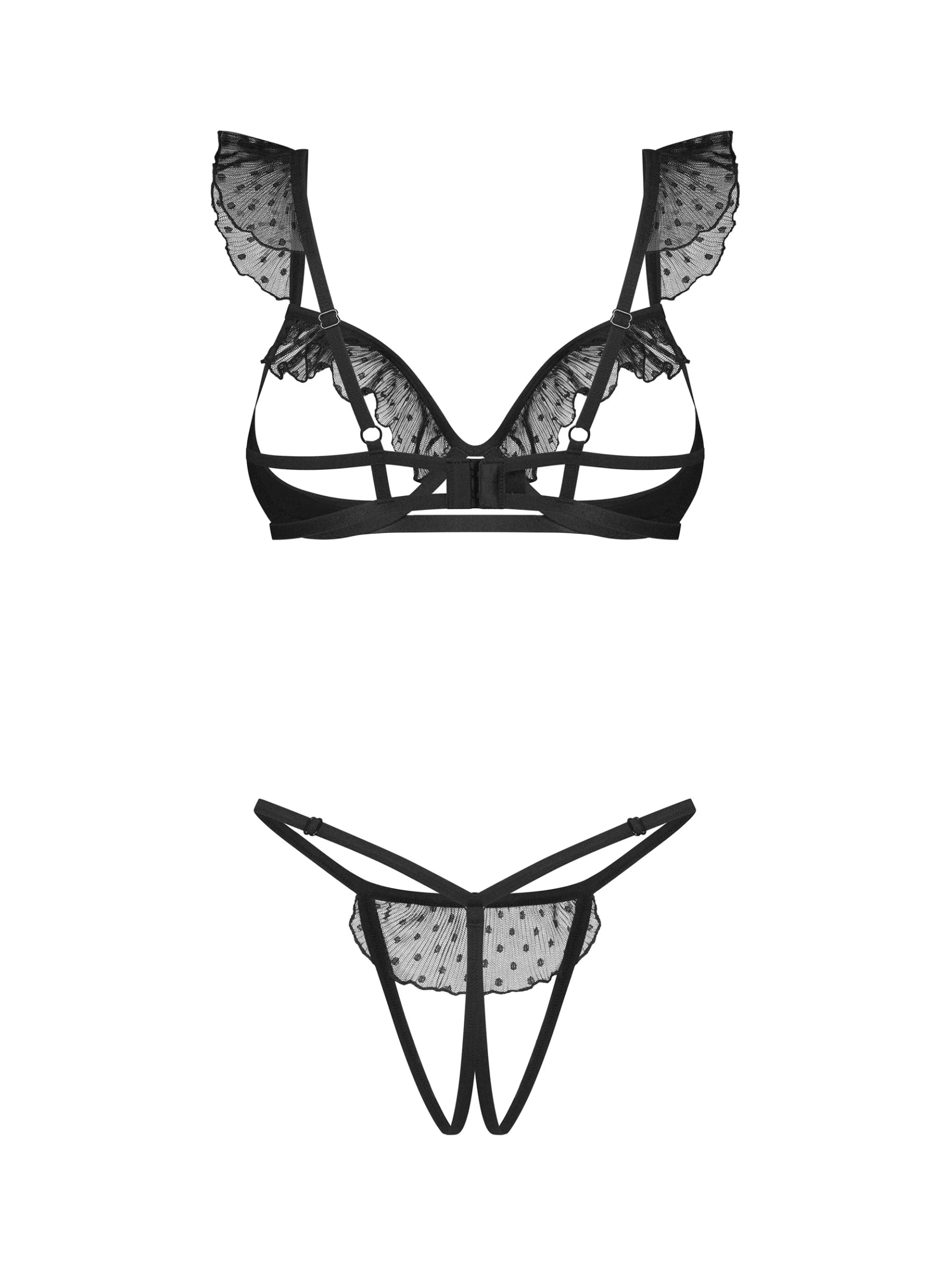 Obsessive Carrola 2-piece cupless lingerie set featuring sheer polka-dot mesh, structural underwire, and an ouvert thong.