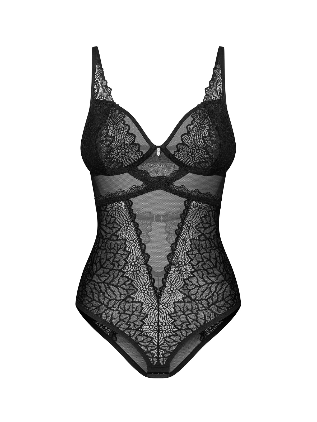 Obsessive Deina More black lace bodysuit featuring a figure-enhancing cut and a dramatic cutout back.