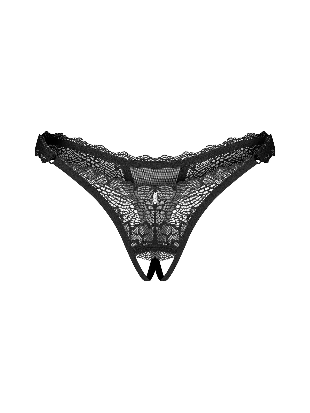 Obsessive Deina More black lace crotchless thong designed for a minimalist, flattering fit.