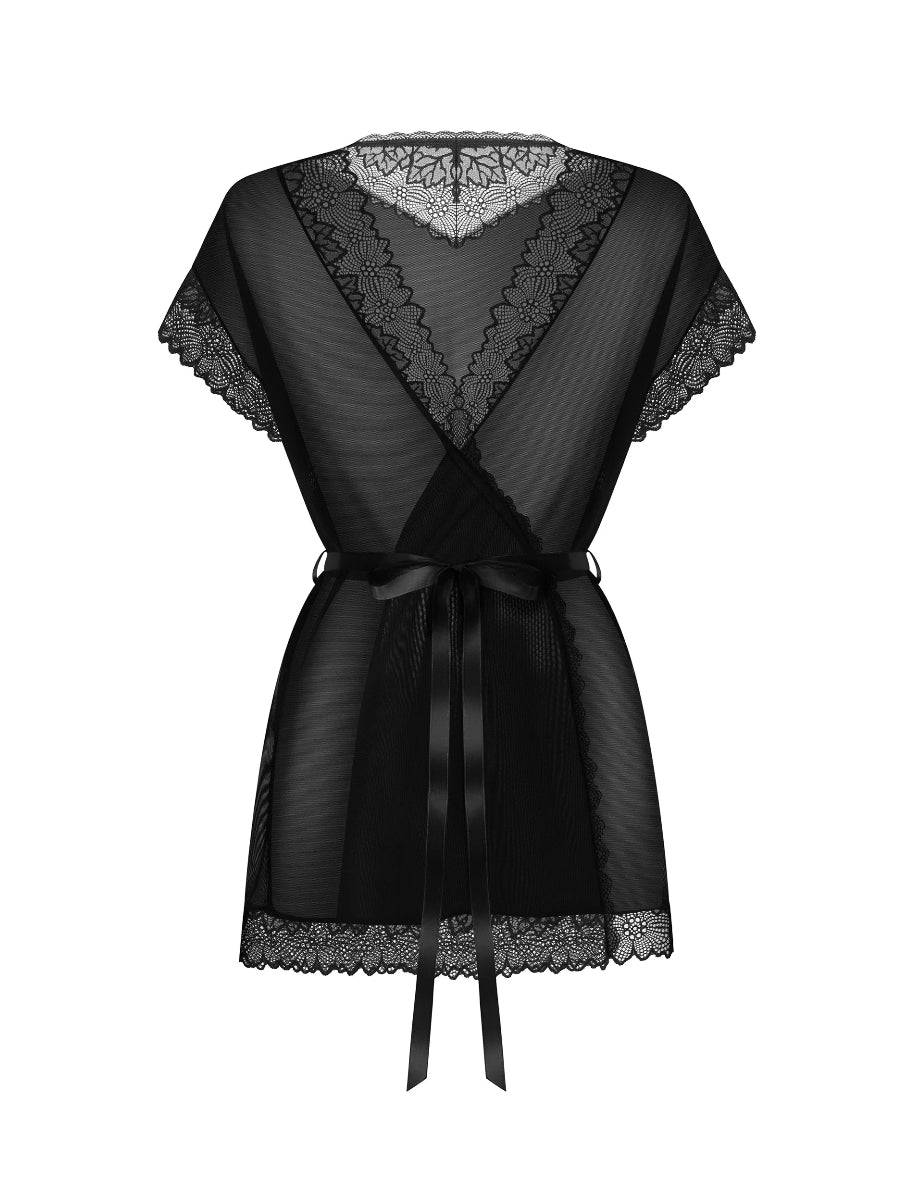 Obsessive Deina More sheer black robe featuring delicate lace trim, fluid draping, and an adjustable waist tie.