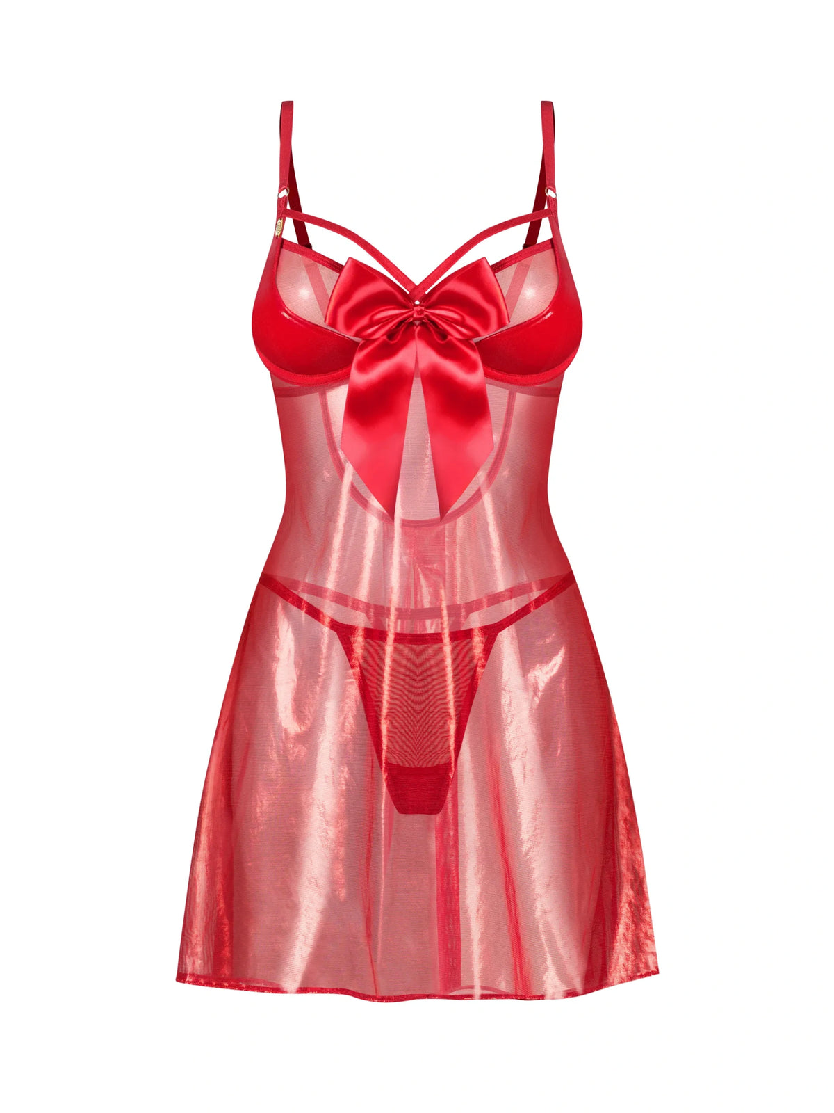 Obsessive Gifty Red babydoll set featuring shimmering sheer fabric, padded cups, and an elegant satin bow.