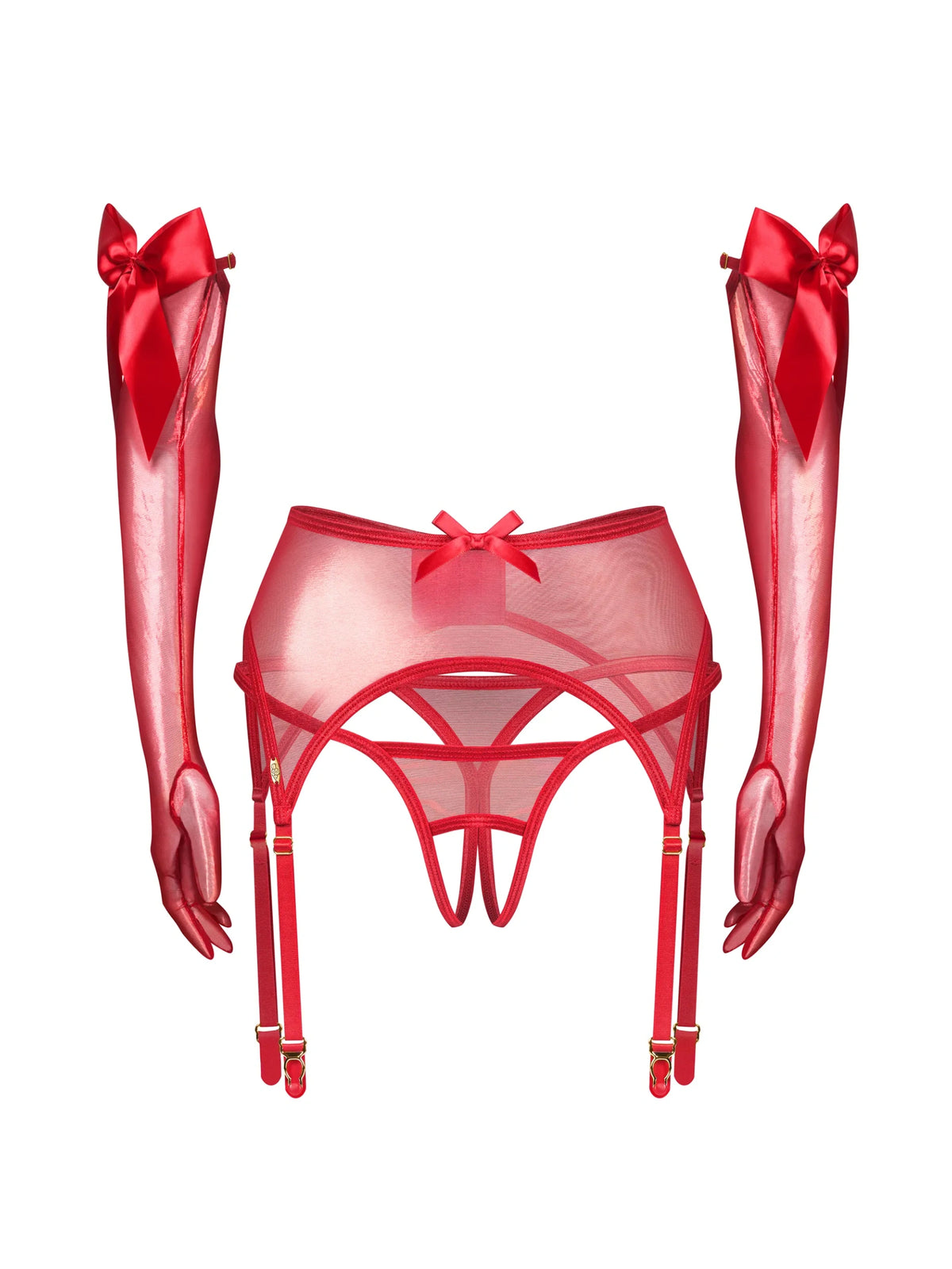 Obsessive Gifty Red 3-piece accessory set featuring a shimmering suspender belt, long elegant gloves with satin bows, and a crotchless open thong.