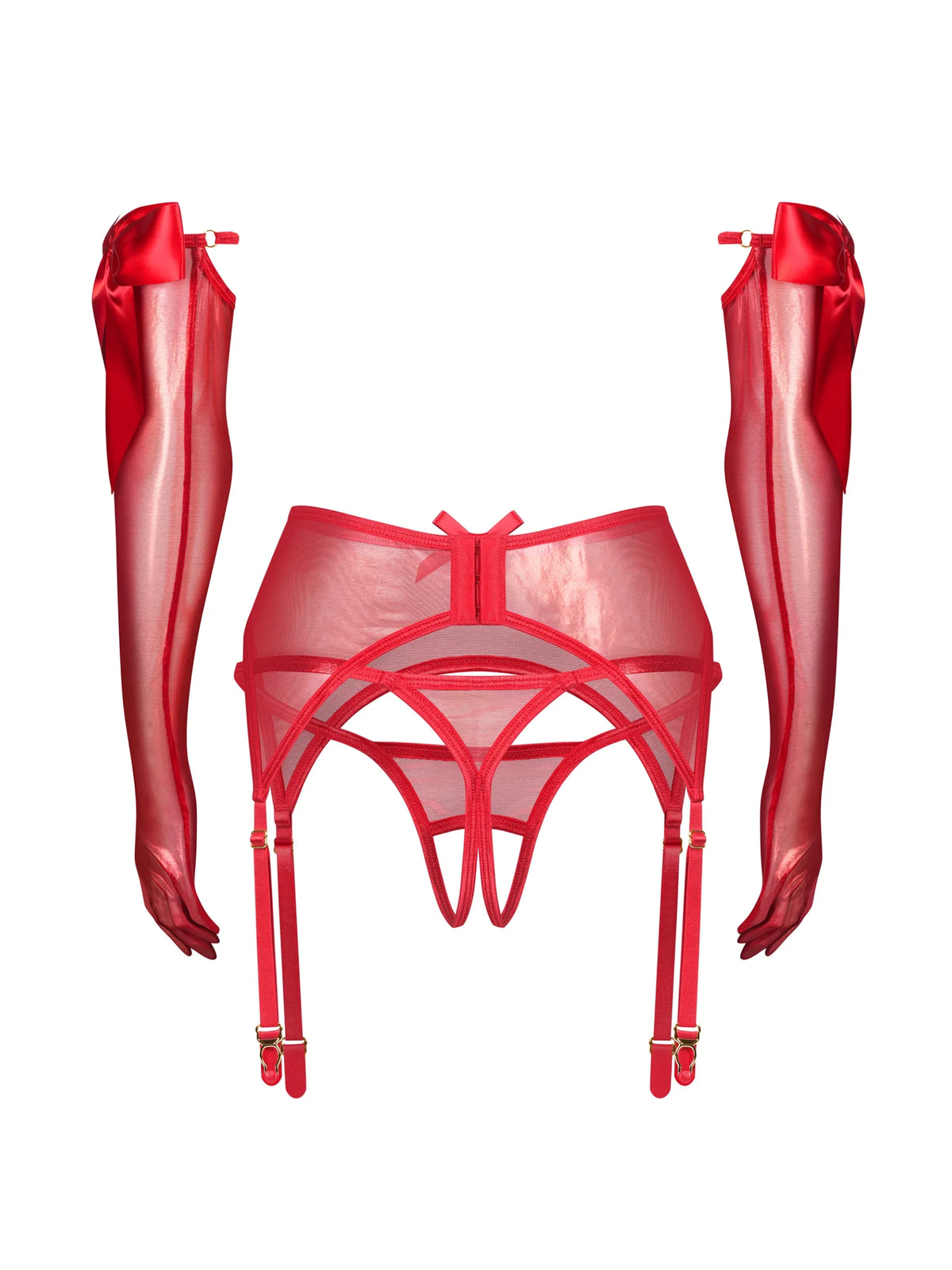 Obsessive Gifty Red 3-piece accessory set featuring a shimmering suspender belt, long elegant gloves with satin bows, and a crotchless open thong.