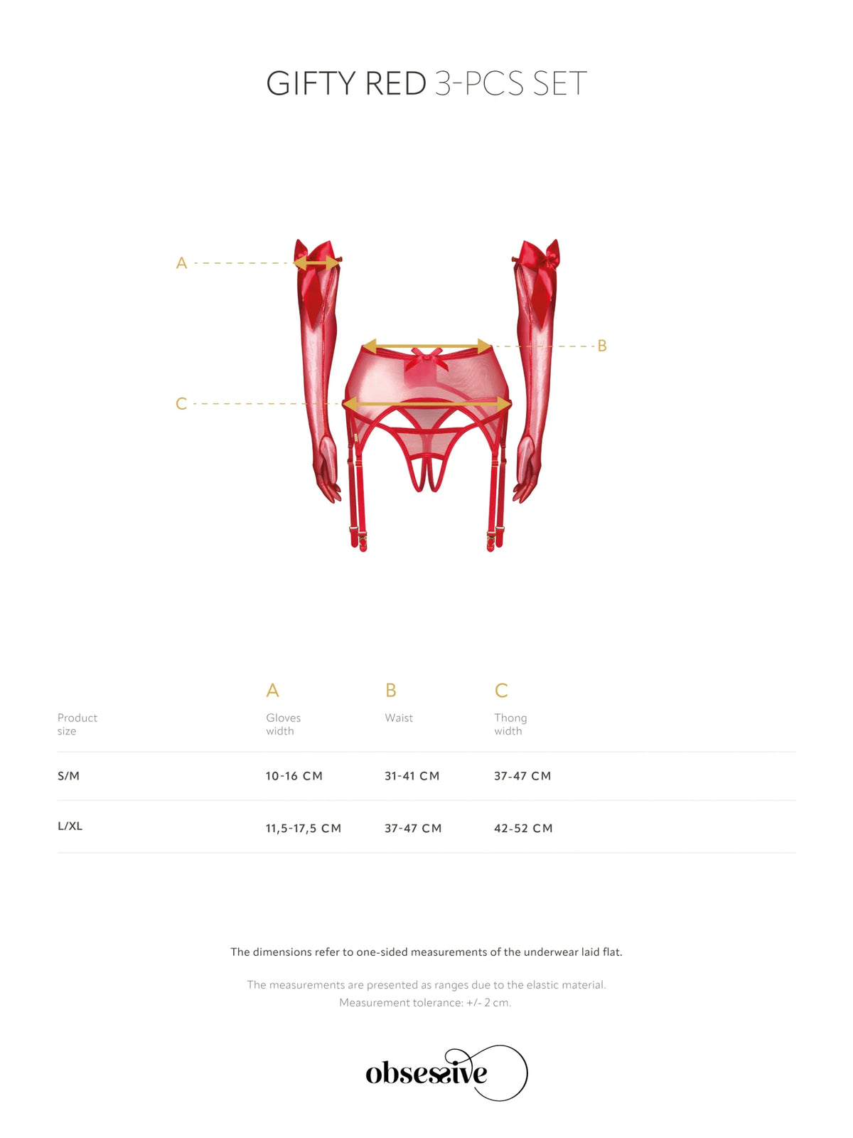 Obsessive Gifty Red 3-piece accessory set featuring a shimmering suspender belt, long elegant gloves with satin bows, and a crotchless open thong.
