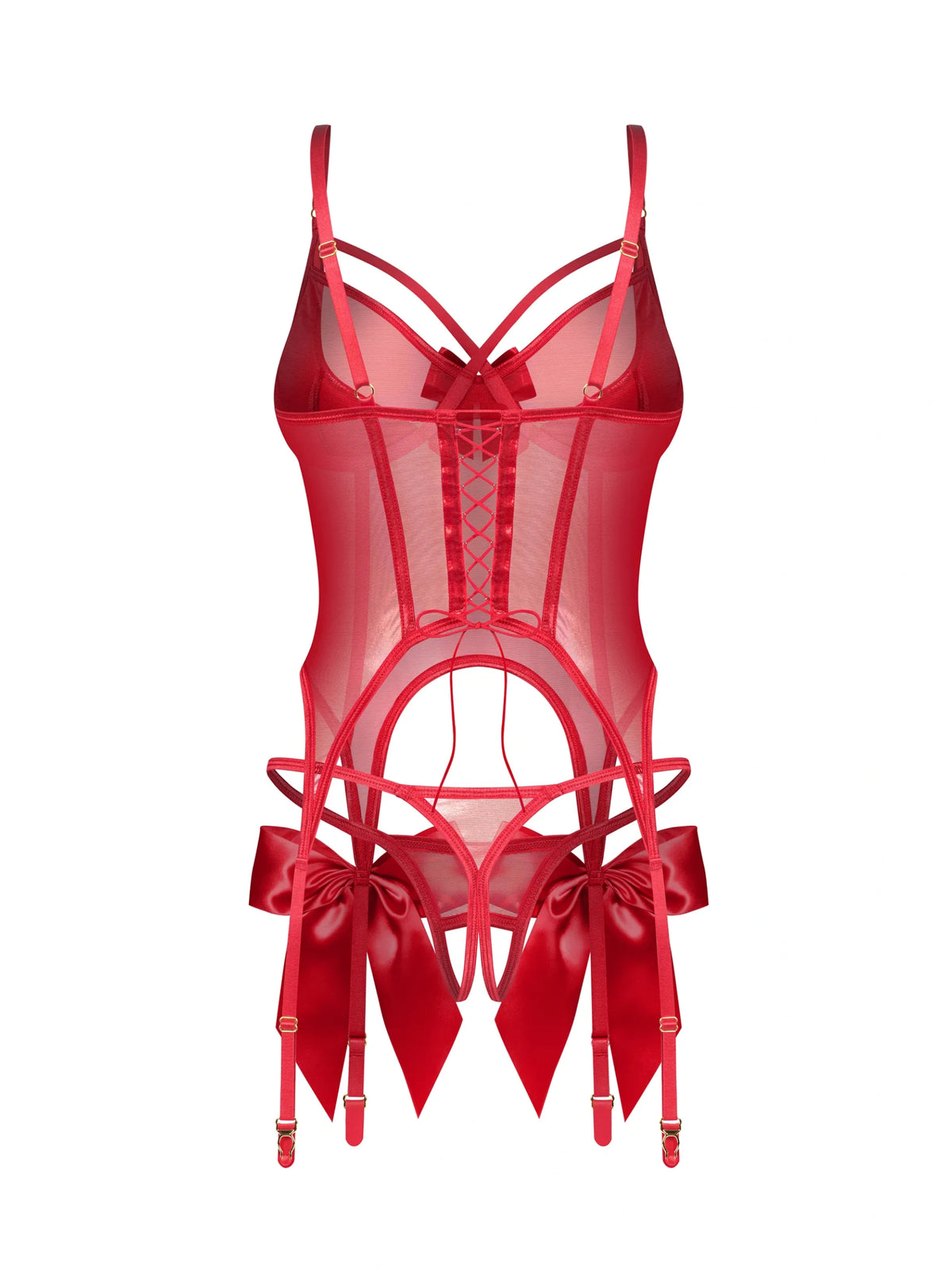 Obsessive Gifty Red lace-up corset featuring shimmering fabric, padded cups, non-detachable suspenders, and an open thong.