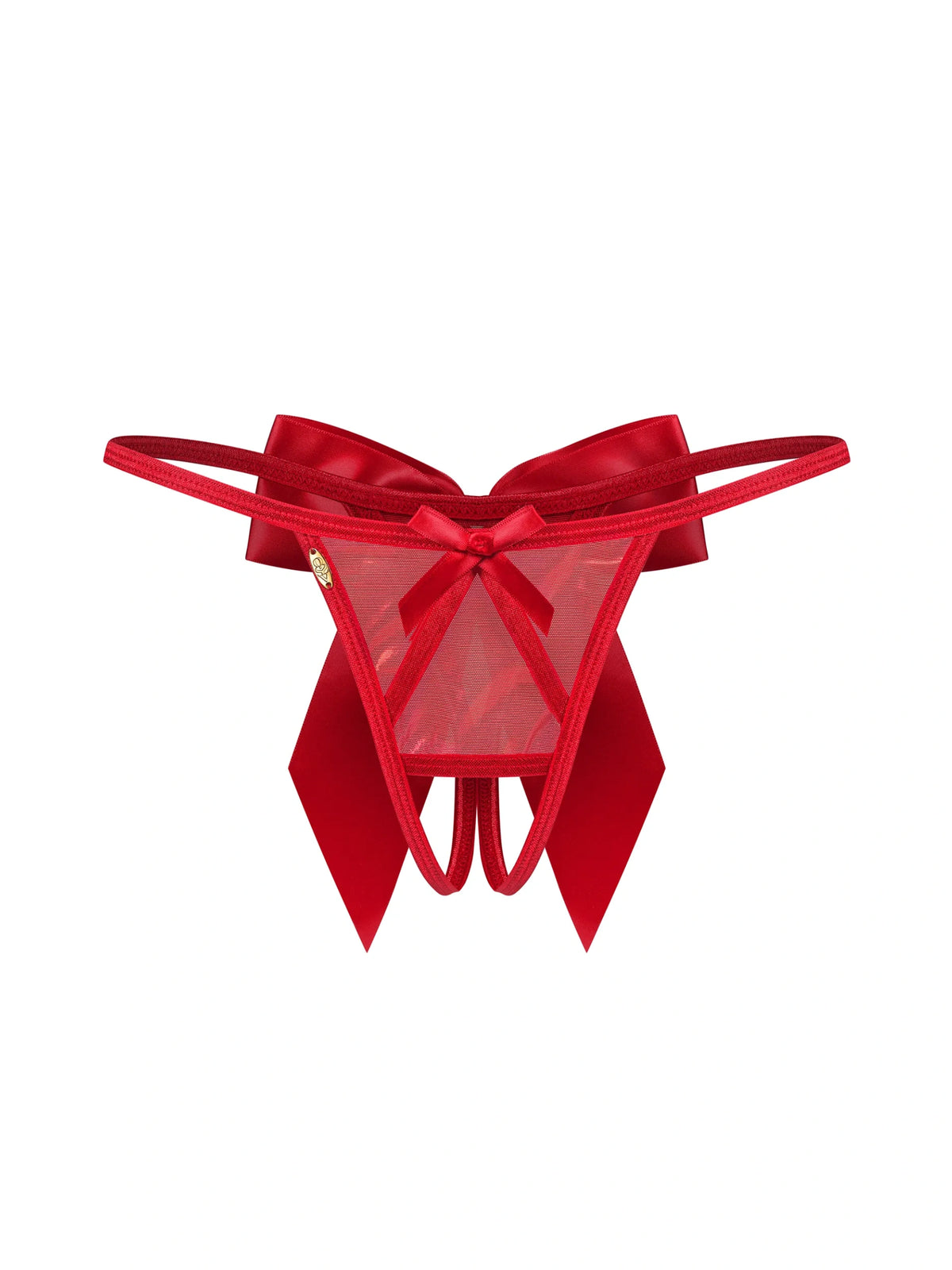 Obsessive Gifty Red crotchless open thong crafted from shimmering fabric and adorned with elegant satin bows.