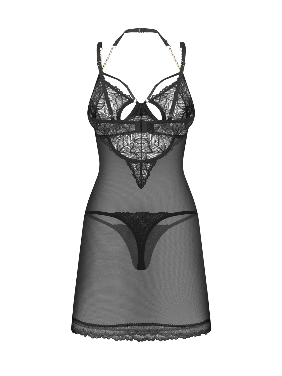 Obsessive Matildea Black chemise and thong set featuring delicate lace, underwired cups, and decorative chains.