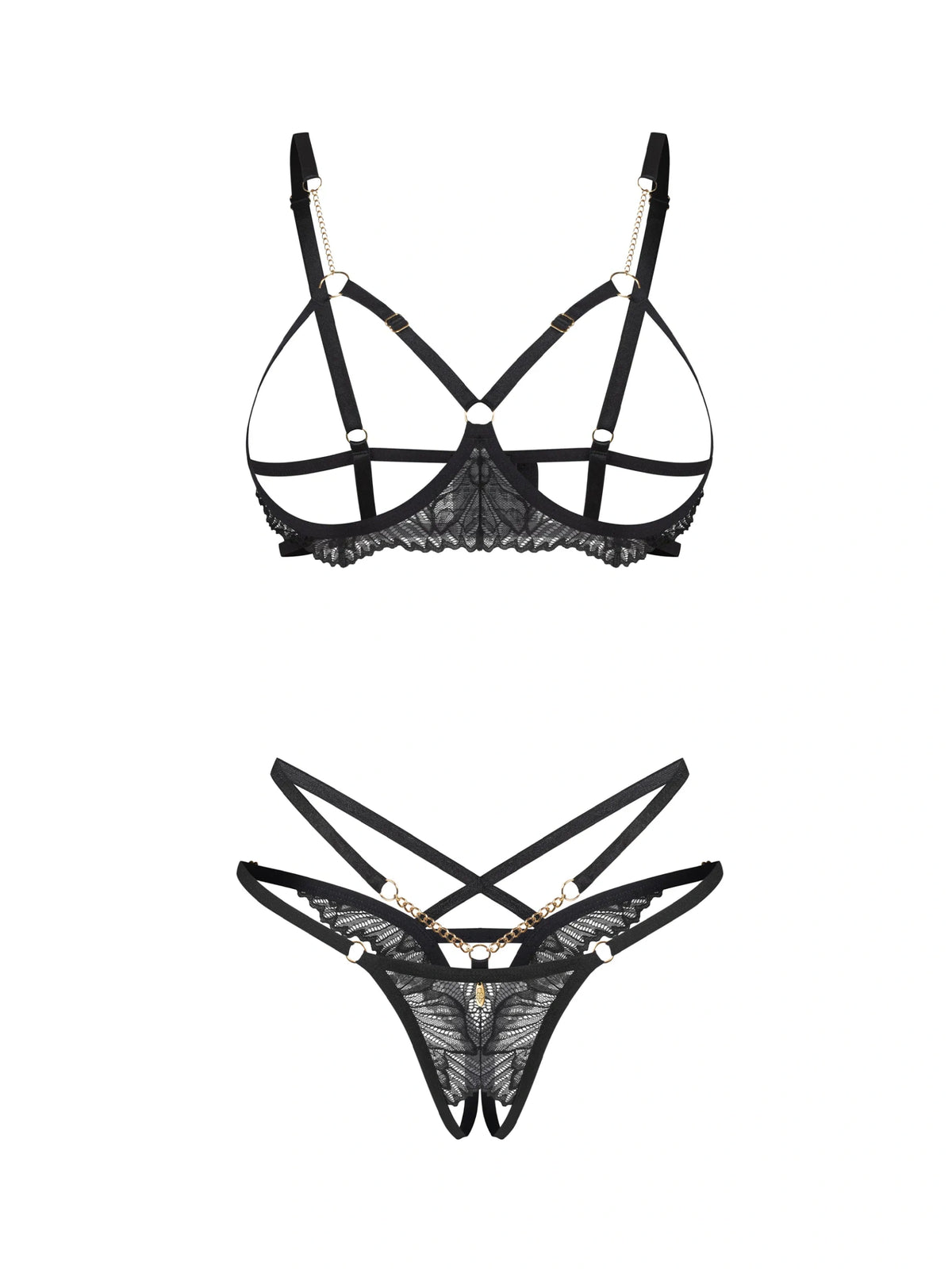 Obsessive Matildea Black 2-piece lingerie set featuring a cupless underwired bra and a crotchless thong with decorative chains.