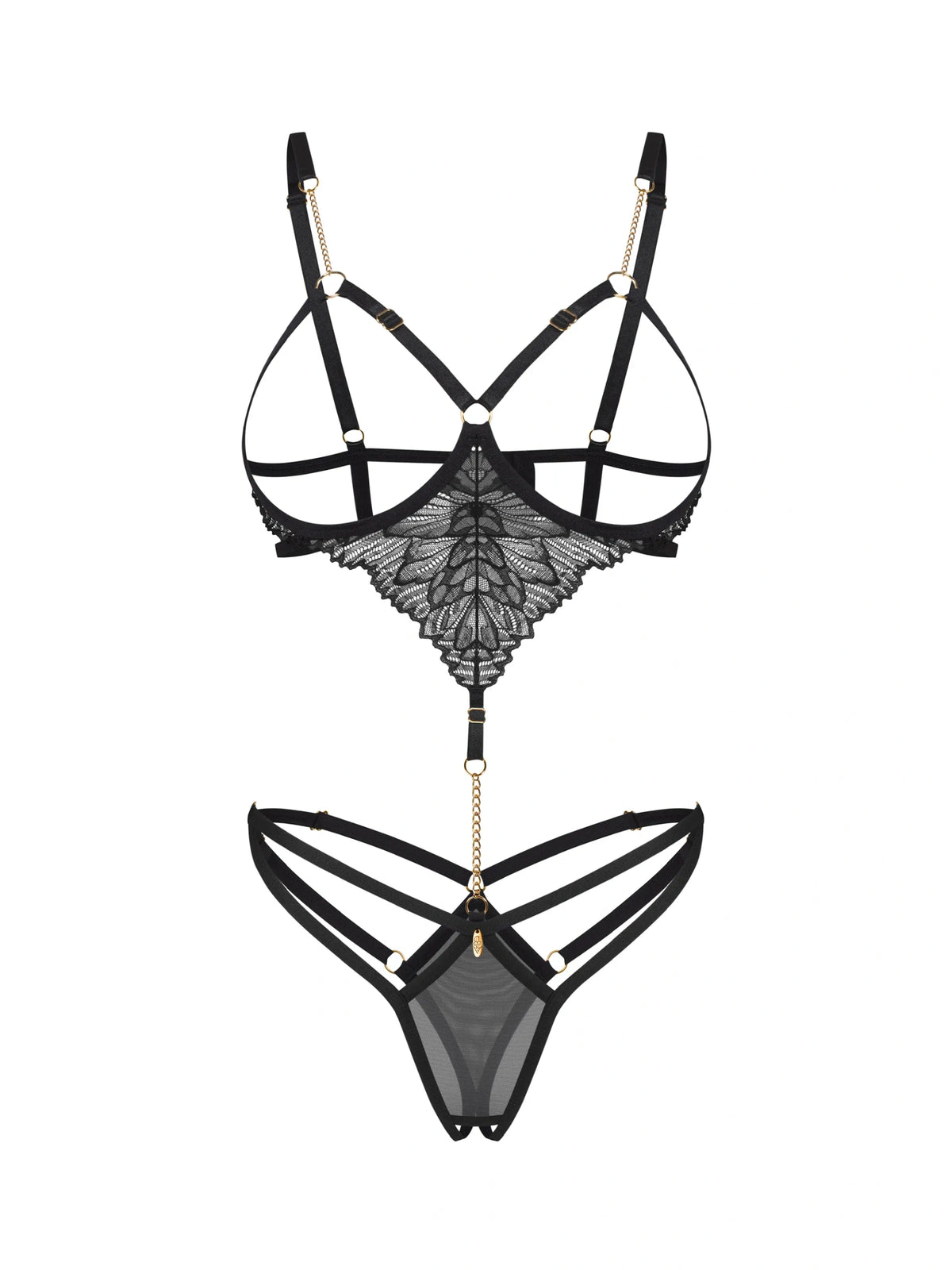 Obsessive Matildea Black open bodysuit featuring underwired open cups, delicate lace, and crotchless design with gold details.