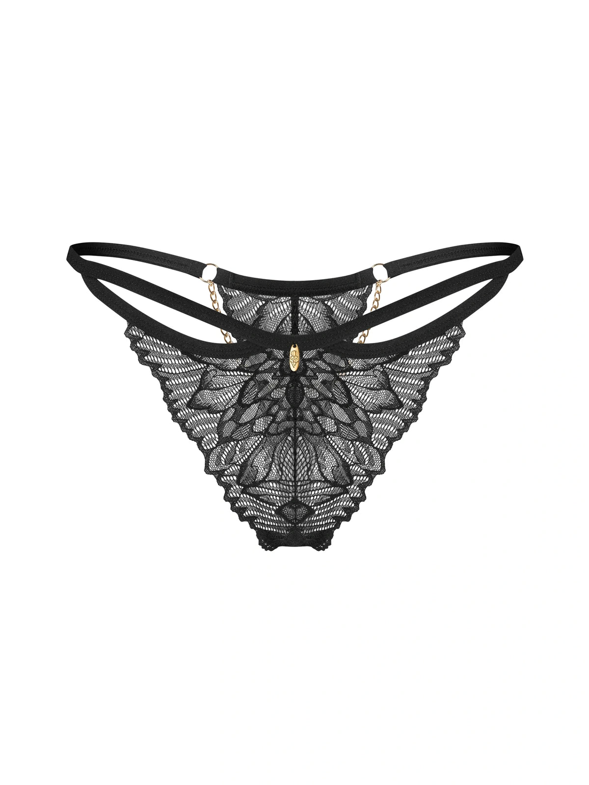 Obsessive Matildea Black classic thong featuring delicate lace, slim hip straps, and a decorative gold-tone chain.