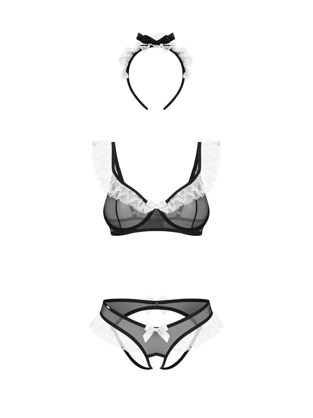 Obsessive Naughty Maid 3-piece costume featuring sheer mesh, delicate lace ruffles, an underwired bra, and an open-back thong.