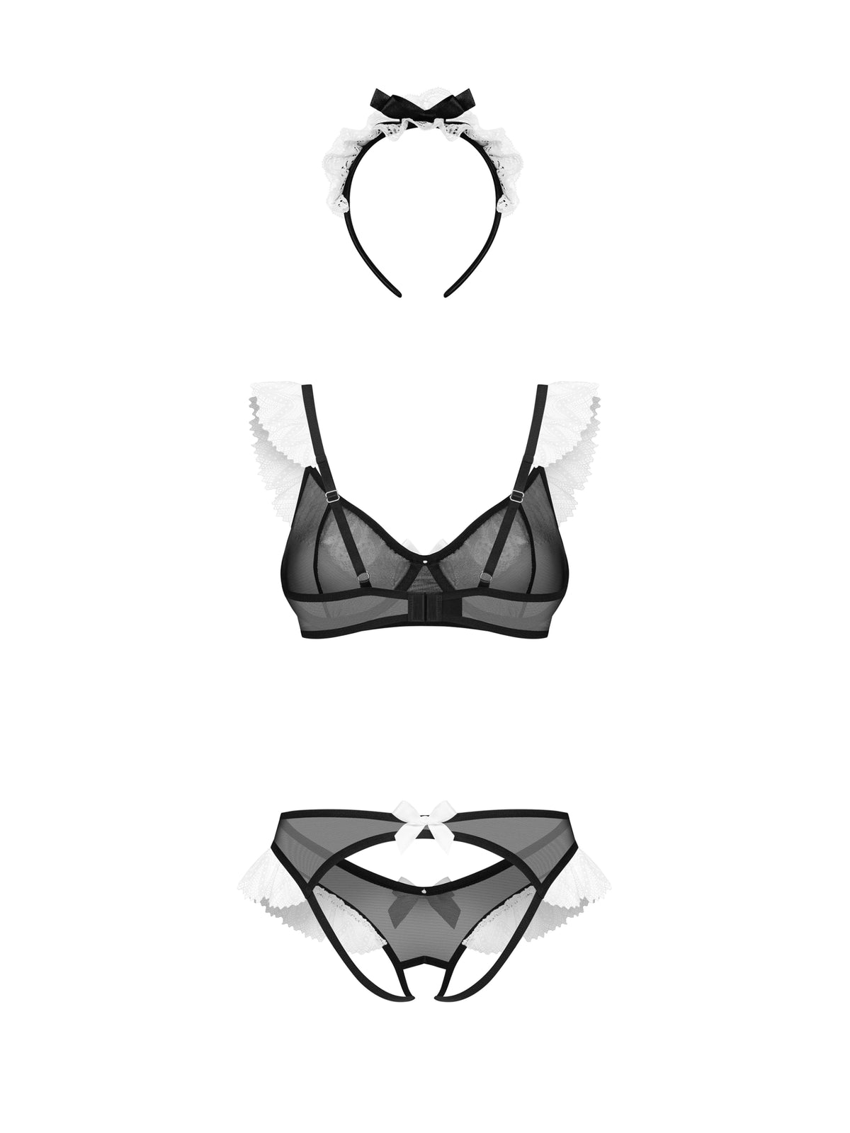 Obsessive Naughty Maid 3-piece costume featuring sheer mesh, delicate lace ruffles, an underwired bra, and an open-back thong.