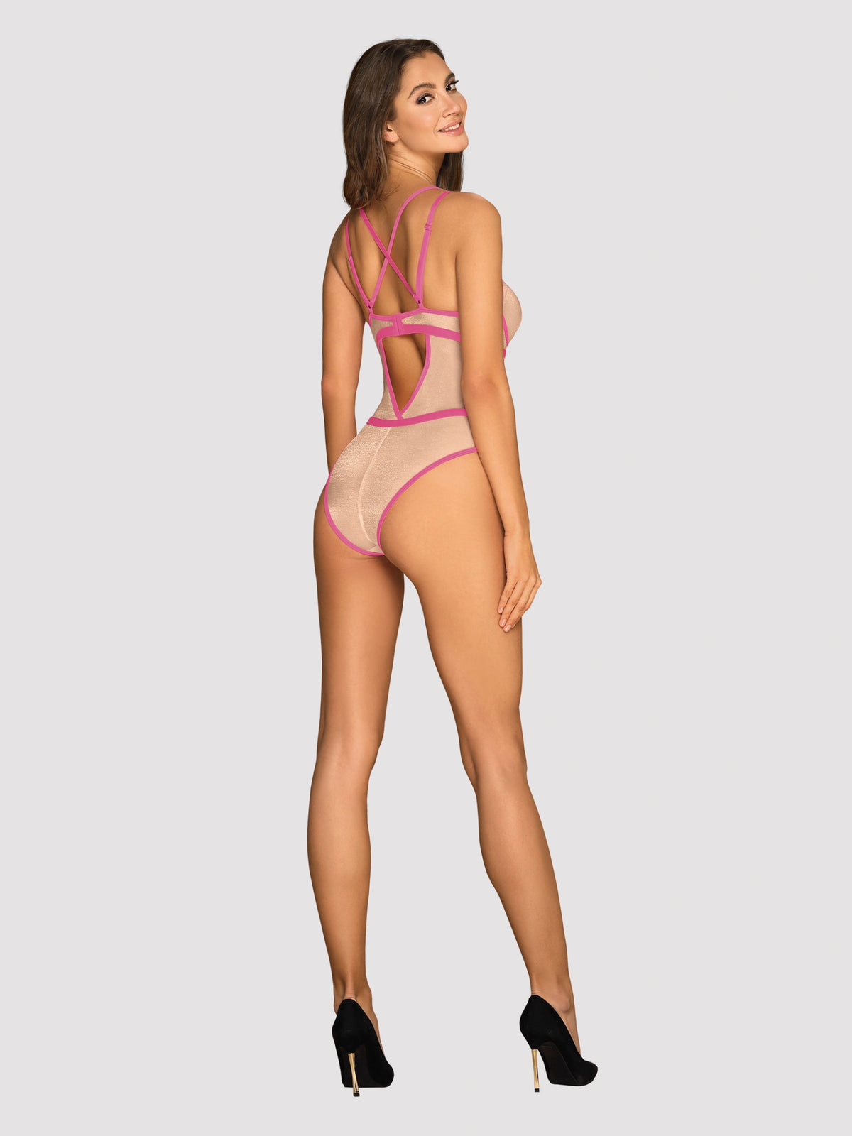 Obsessive Nudelia beige sheer teddy featuring golden thread, neon pink accents, and structural cut-outs.