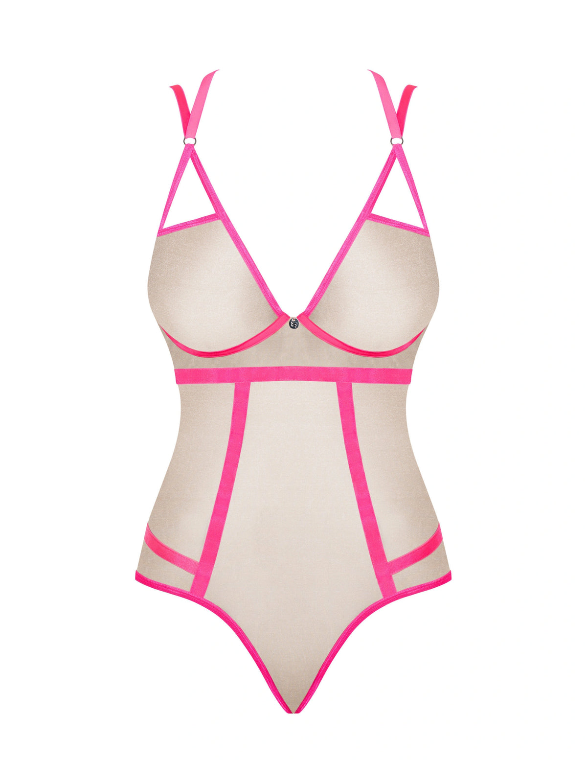 Obsessive Nudelia beige sheer teddy featuring golden thread, neon pink accents, and structural cut-outs.