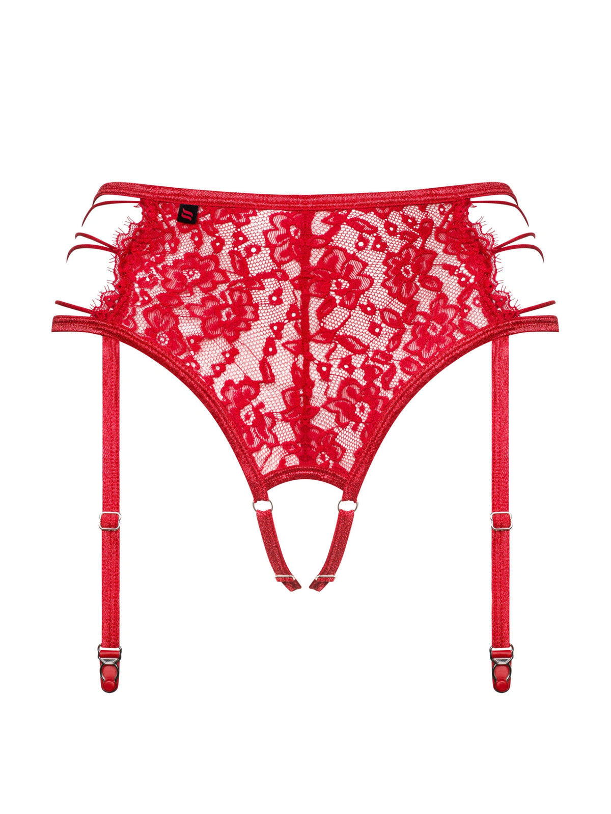 Obsessive Rediosa red 2-in-1 crotchless garter belt and thong featuring sheer floral lace and strappy details.
