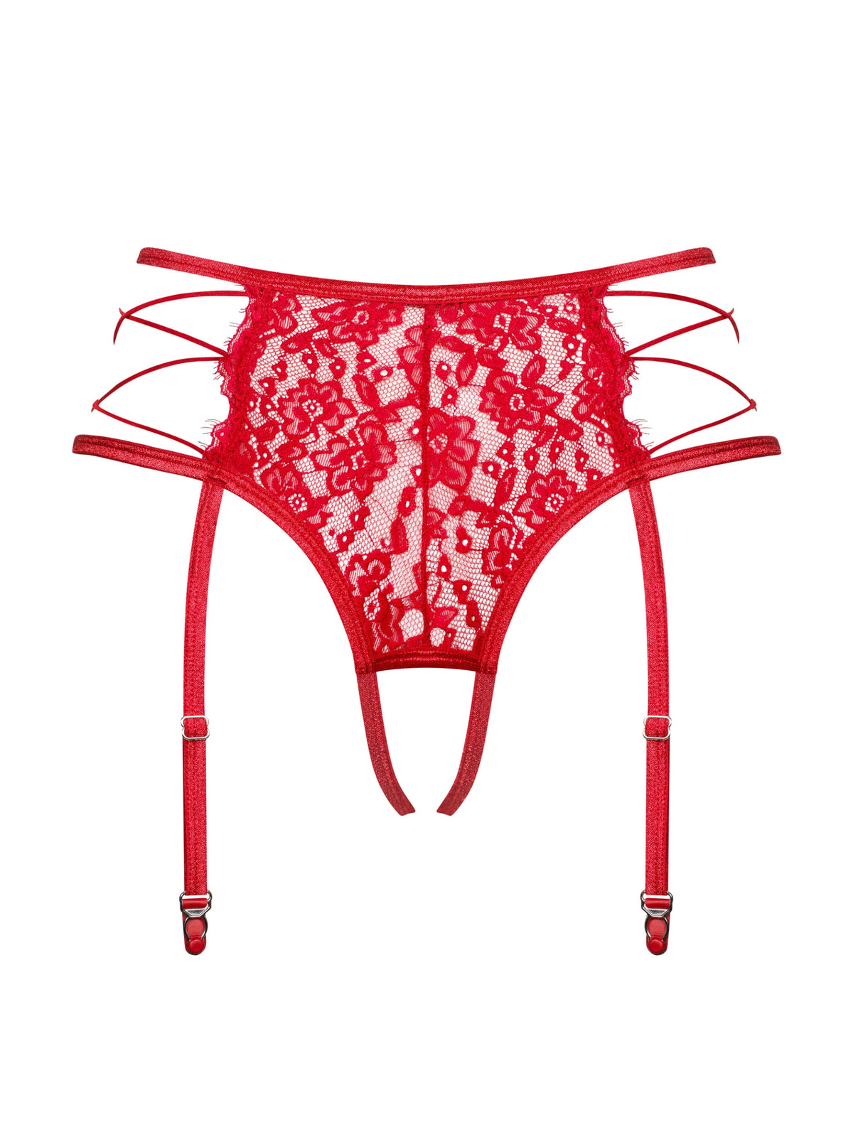 Obsessive Rediosa red 2-in-1 crotchless garter belt and thong featuring sheer floral lace and strappy details.