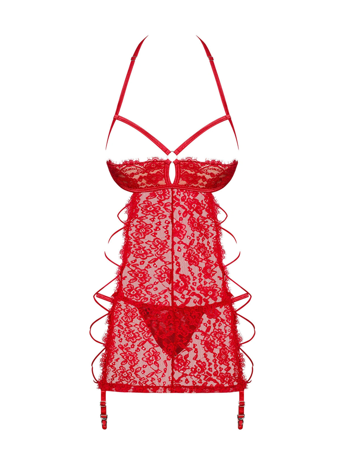Obsessive Rediosa red sheer chemise featuring open cups, delicate lace, and adjustable structural straps.