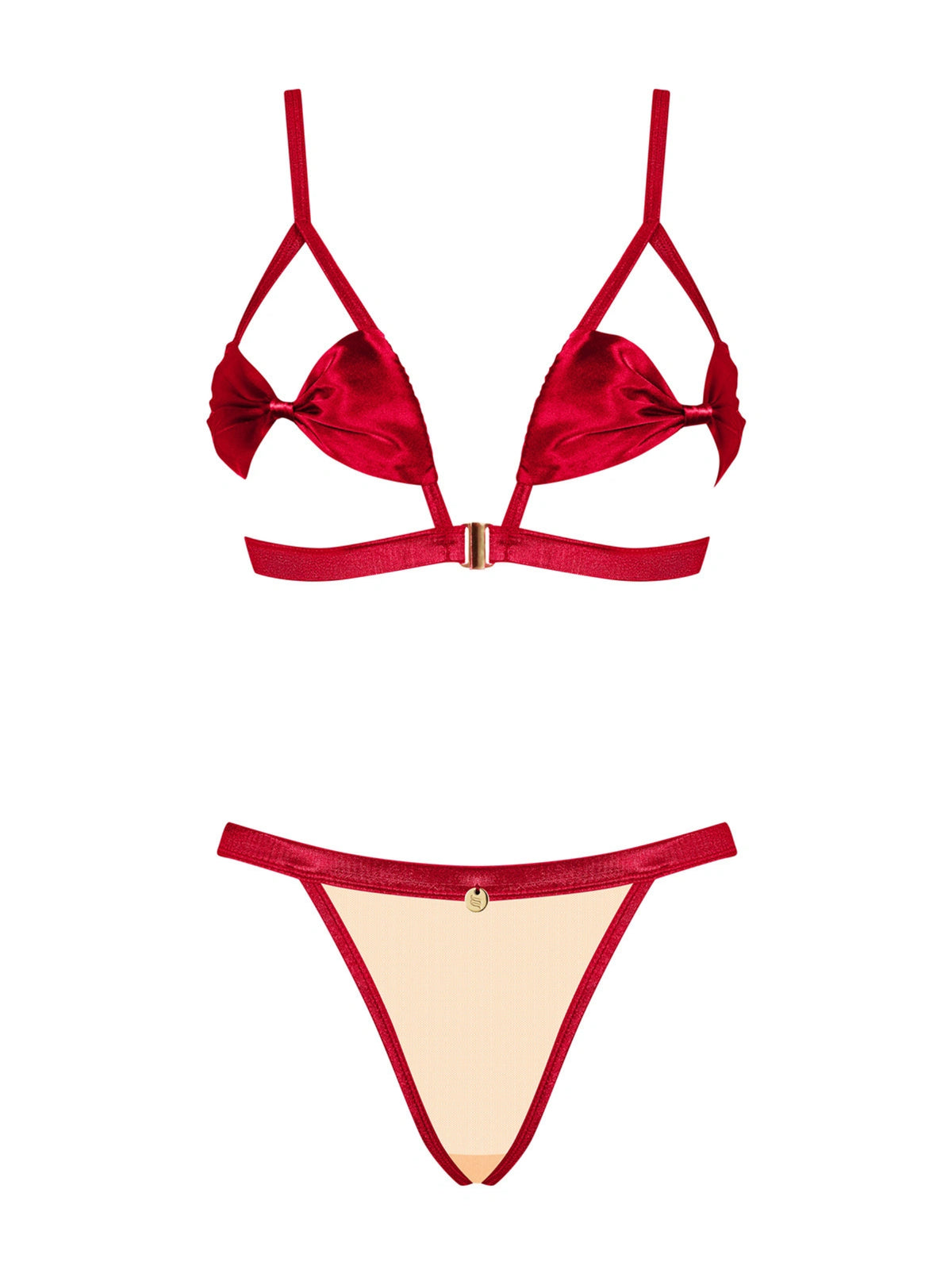 Obsessive Rubinesa red satin lingerie set featuring partially open cups, delicate bows, and bespoke gold hardware.