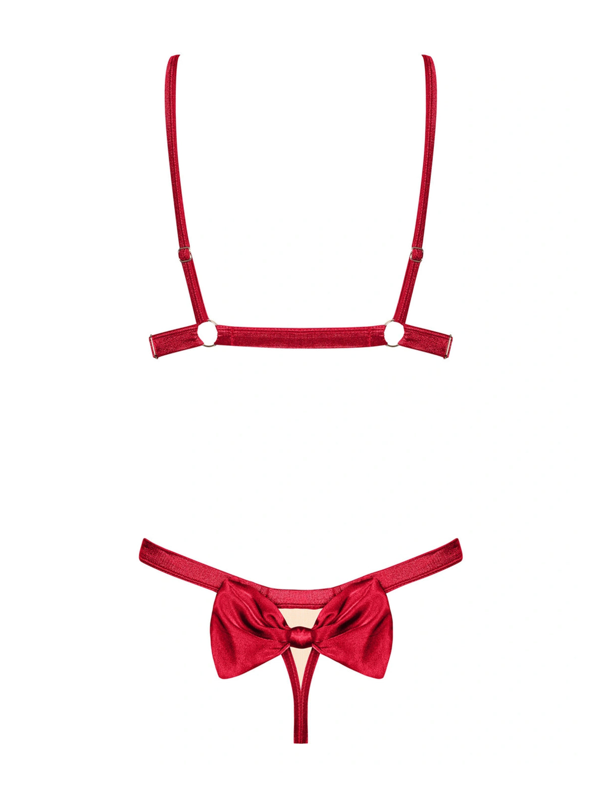 Obsessive Rubinesa red satin lingerie set featuring partially open cups, delicate bows, and bespoke gold hardware.