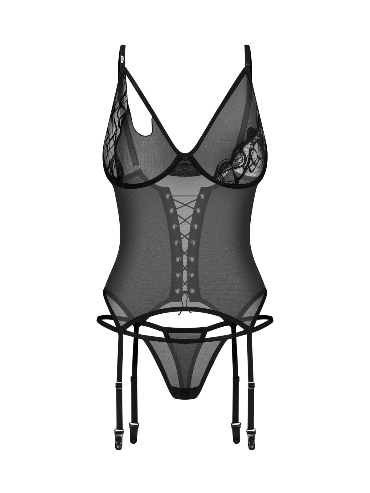 Obsessive Saturis black mesh corset featuring an asymmetrical shoulder cutout, lace-up back, underwired cups, and a matching thong.