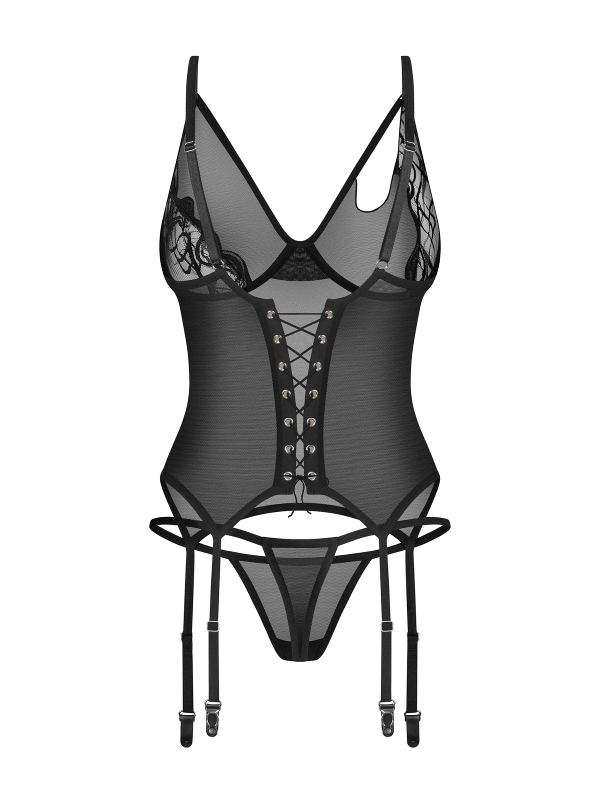 Obsessive Saturis black mesh corset featuring an asymmetrical shoulder cutout, lace-up back, underwired cups, and a matching thong.