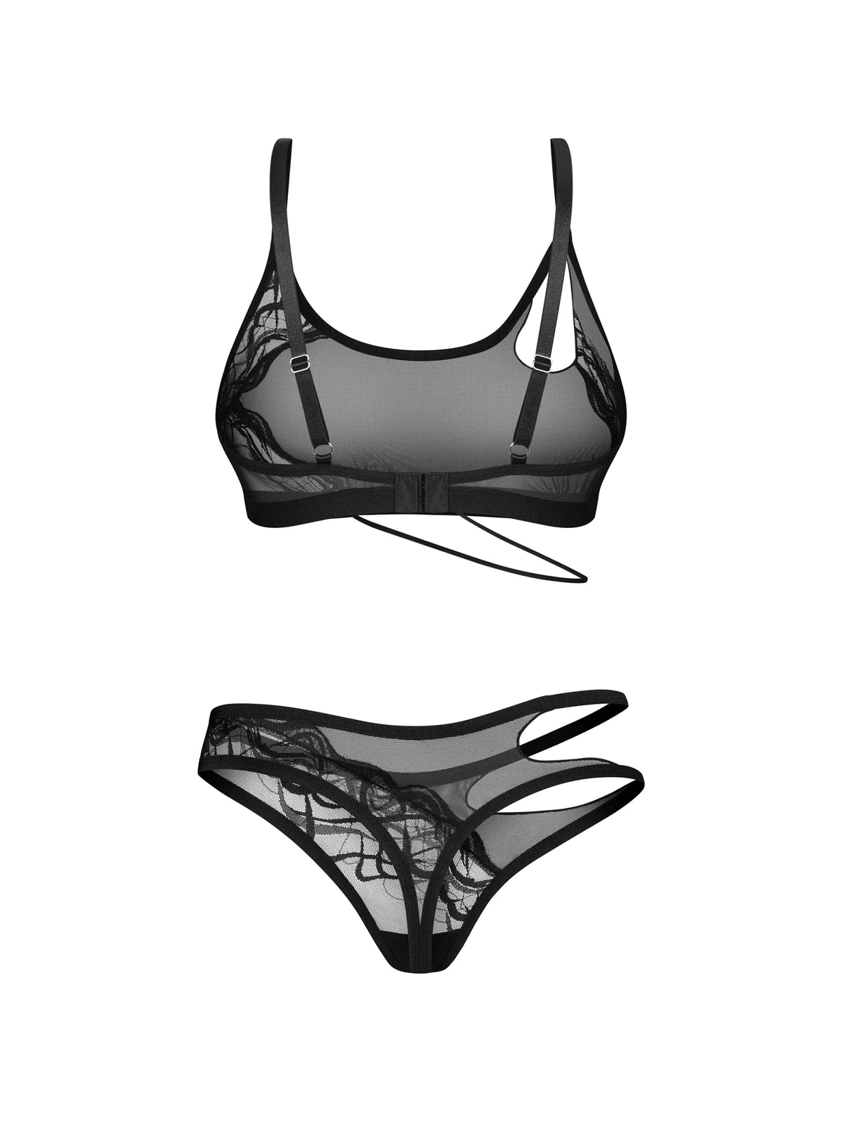 Obsessive Saturis 2-piece black lingerie set featuring a wire-free mesh bra with delicate lace accents and a matching thong.