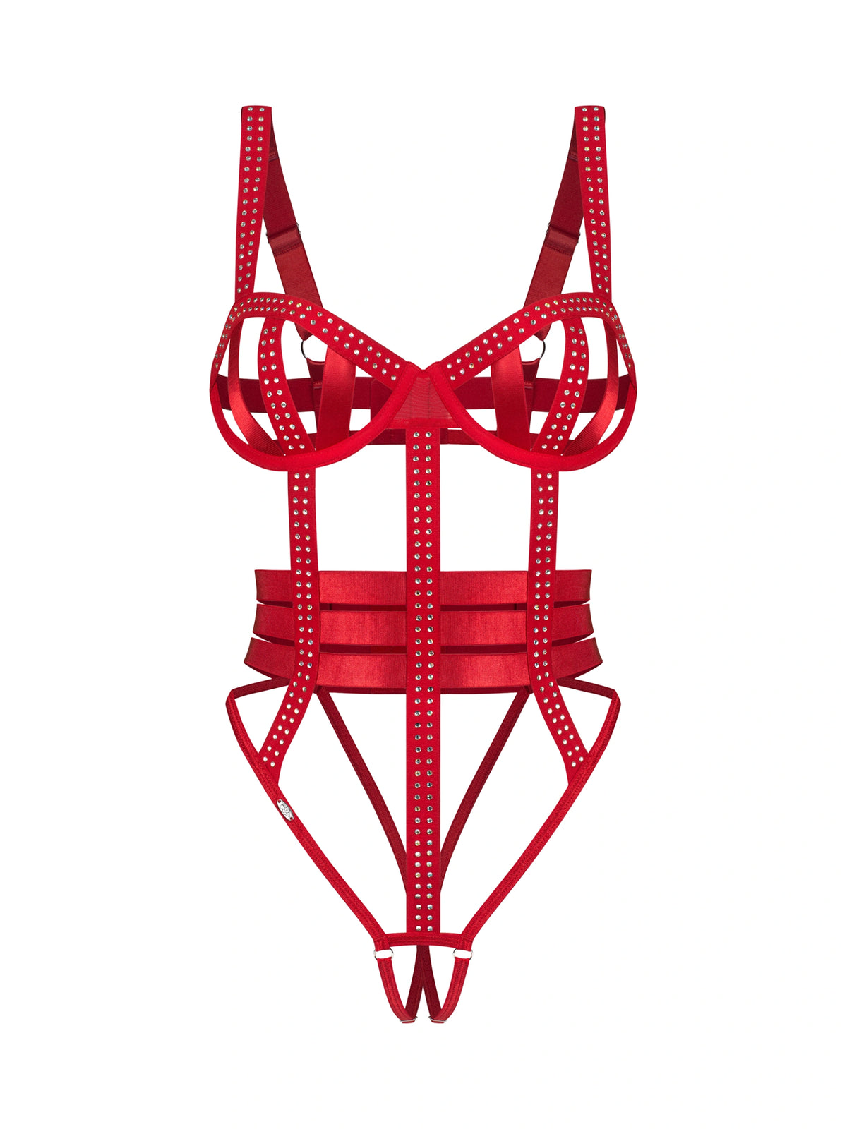 Model wearing Obsessive Shiny Obsession strappy crotchless bodysuit featuring bold cutouts and a refined, figure-enhancing silhouette.