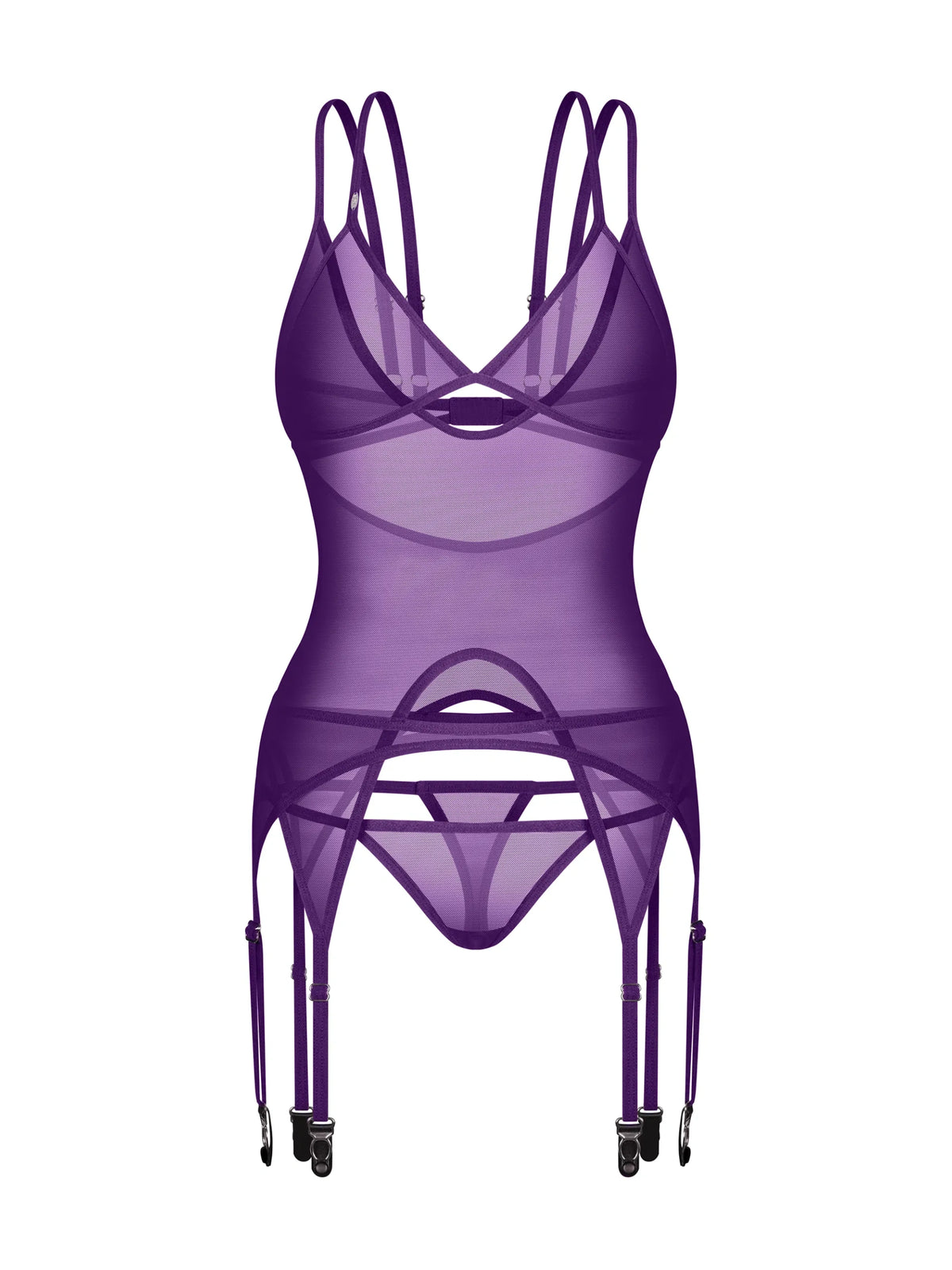 Obsessive Vibres violet corset featuring a back cutout, soft cups, non-detachable garter straps, and a matching thong.